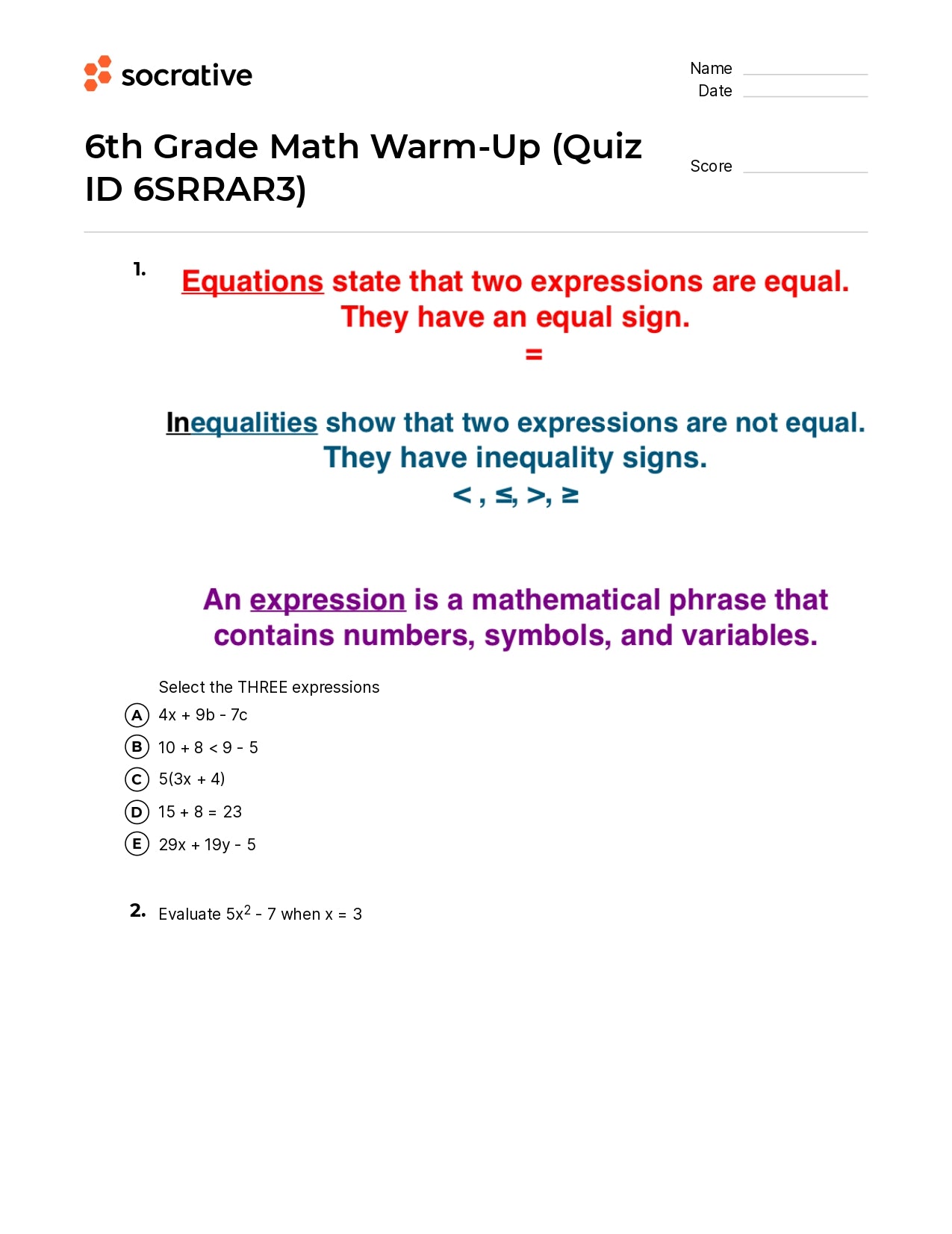 6Th Grade Math Warm-Up