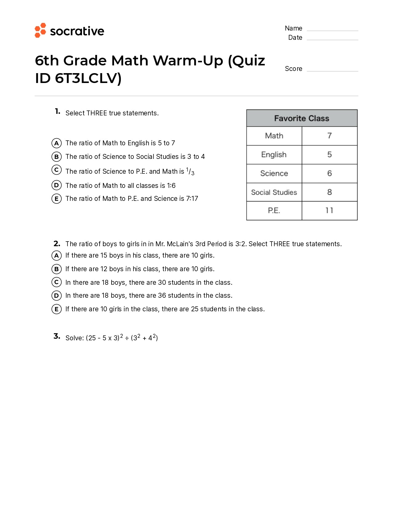 6Th Grade Math Warm-Up