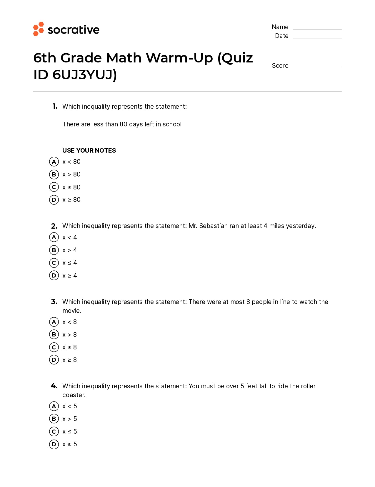 6Th Grade Math Warm-Up