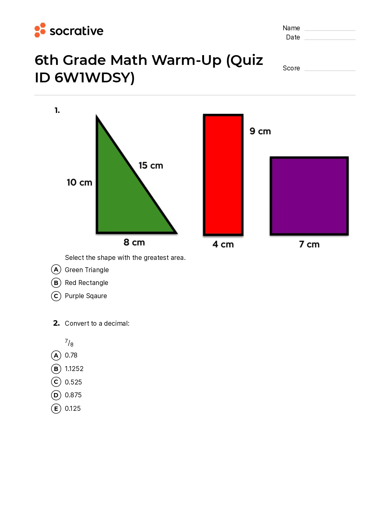 6Th Grade Math Warm-Up