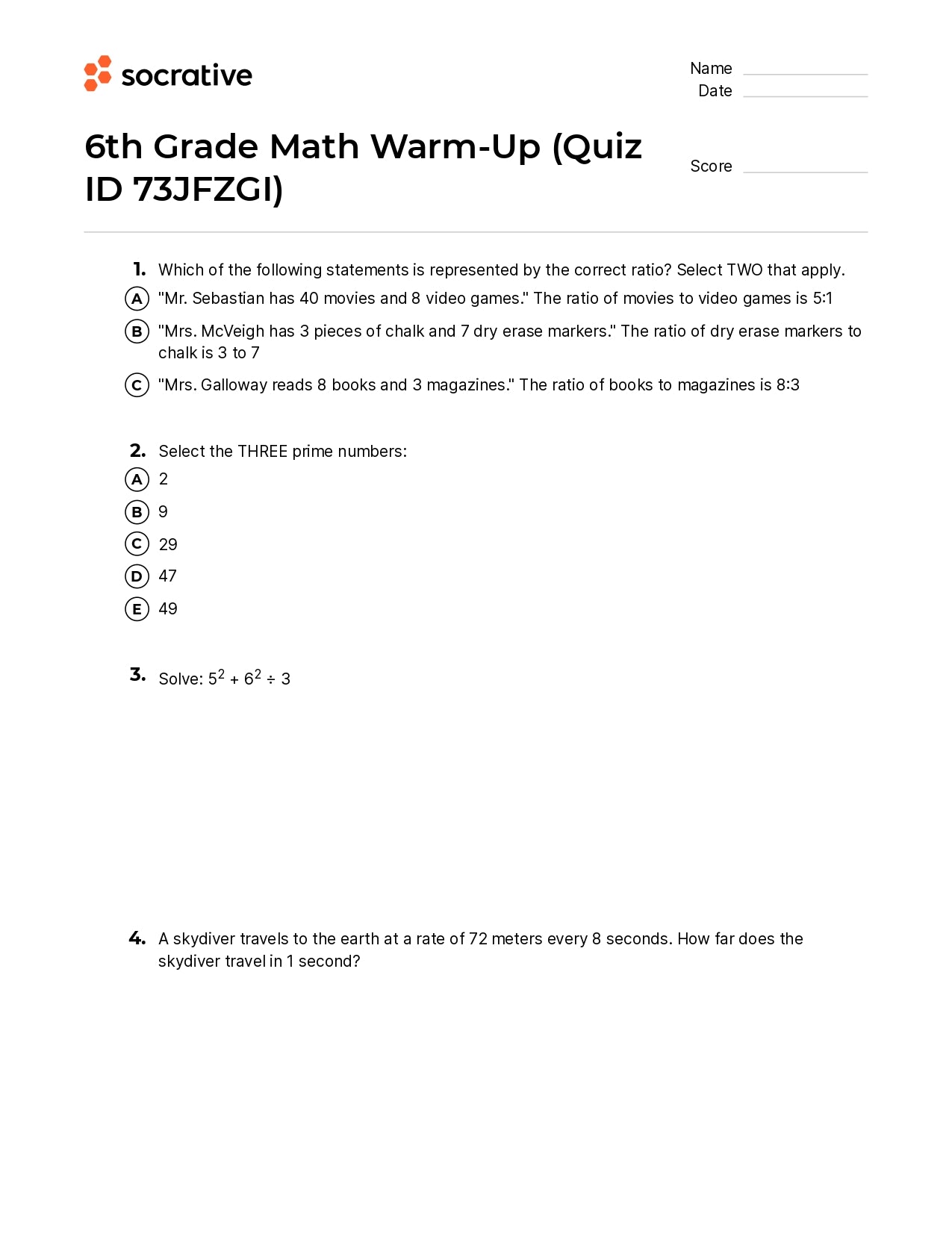 6Th Grade Math Warm-Up