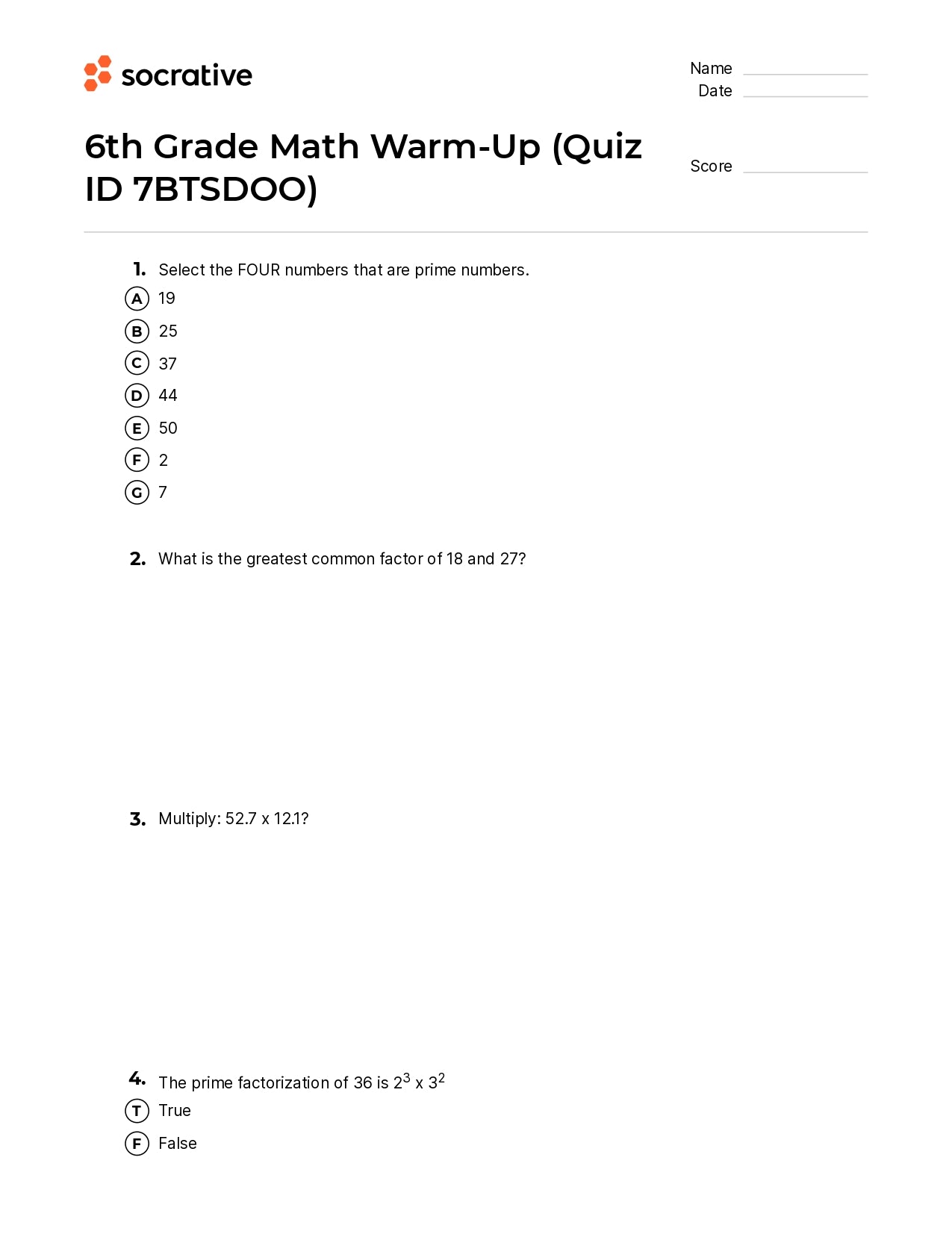 6Th Grade Math Warm-Up