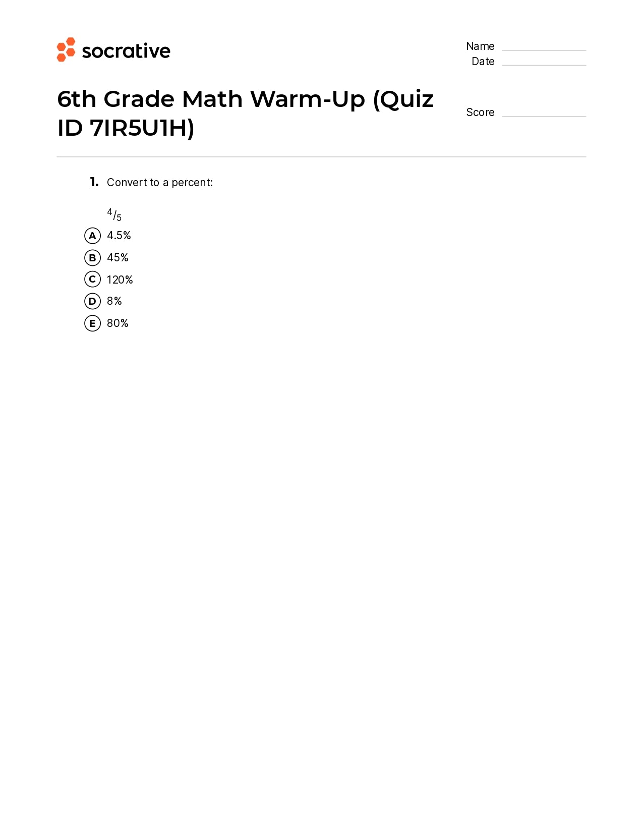 6Th Grade Math Warm-Up