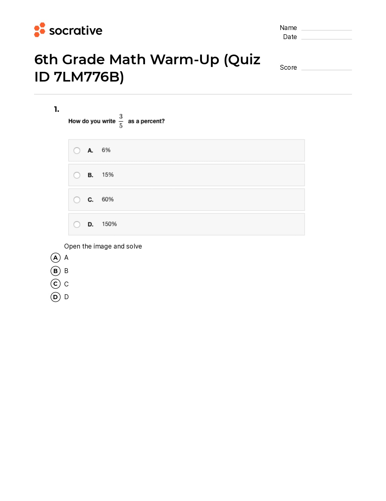 6Th Grade Math Warm-Up
