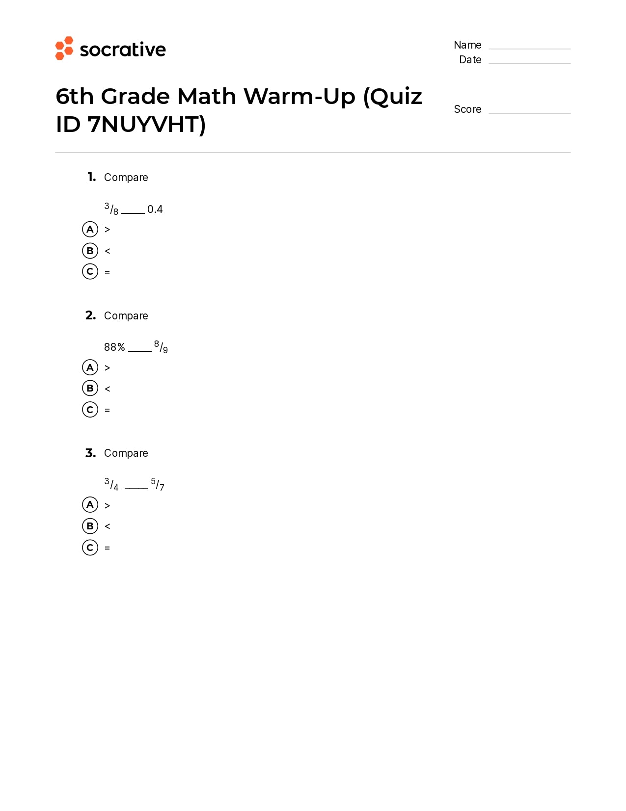 6Th Grade Math Warm-Up