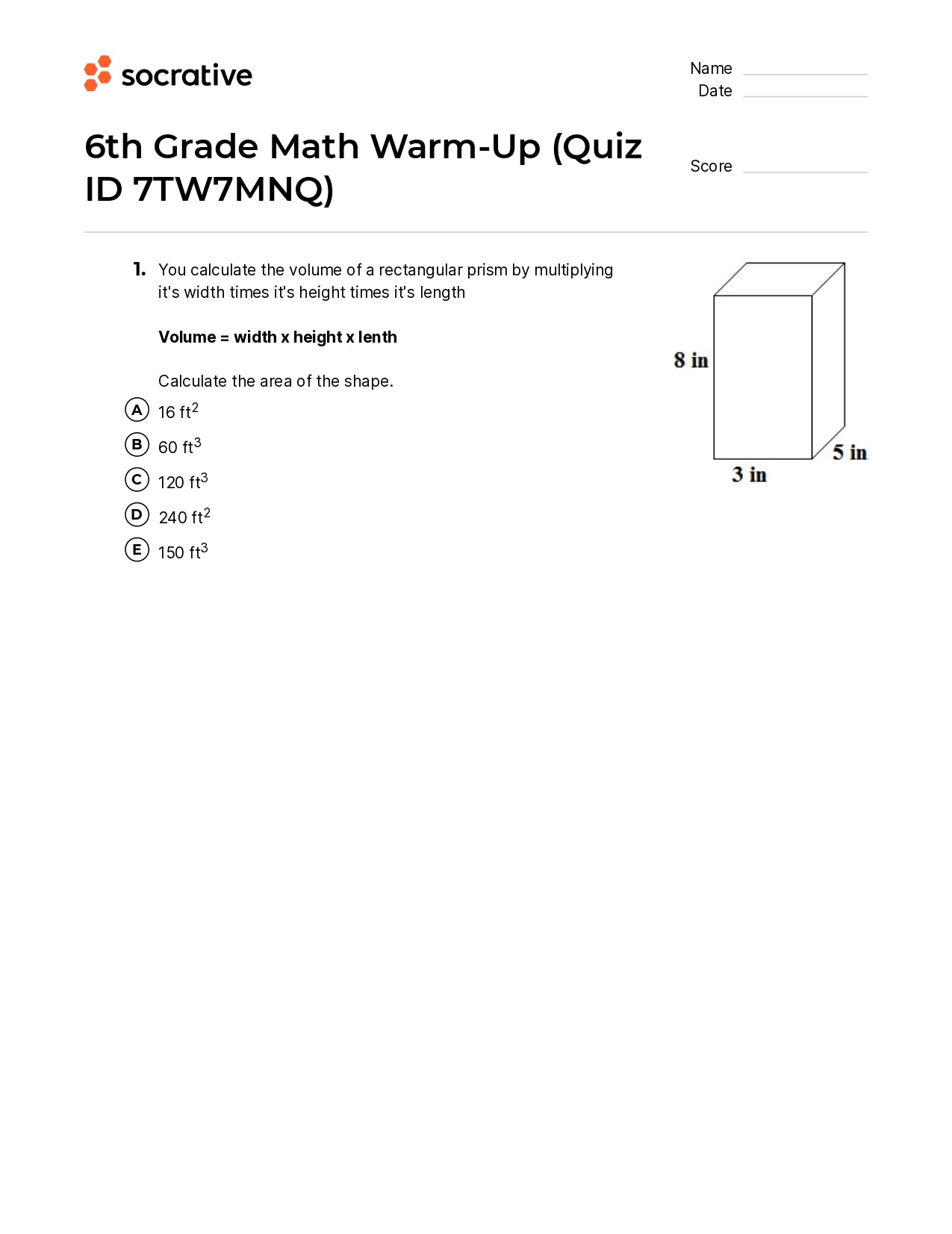 6Th Grade Math Warm-Up