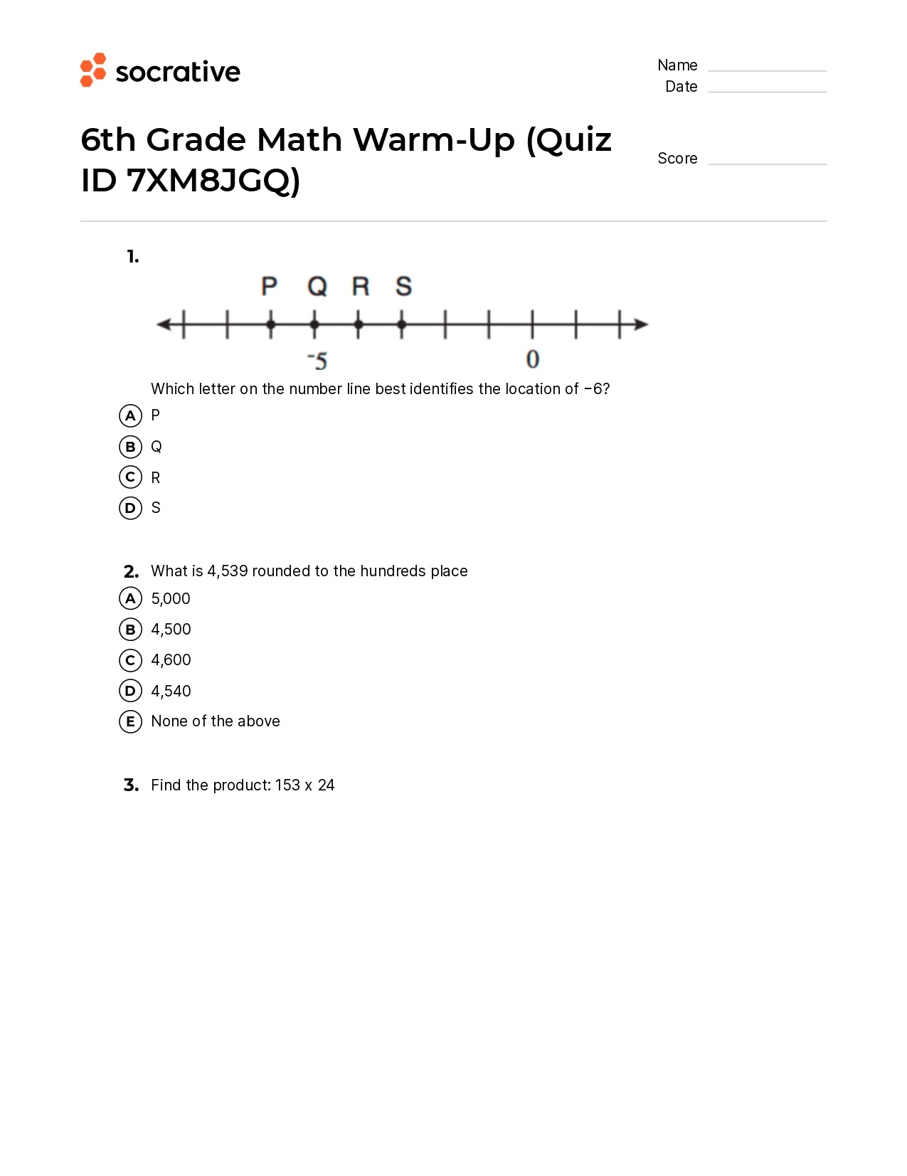 6Th Grade Math Warm-Up
