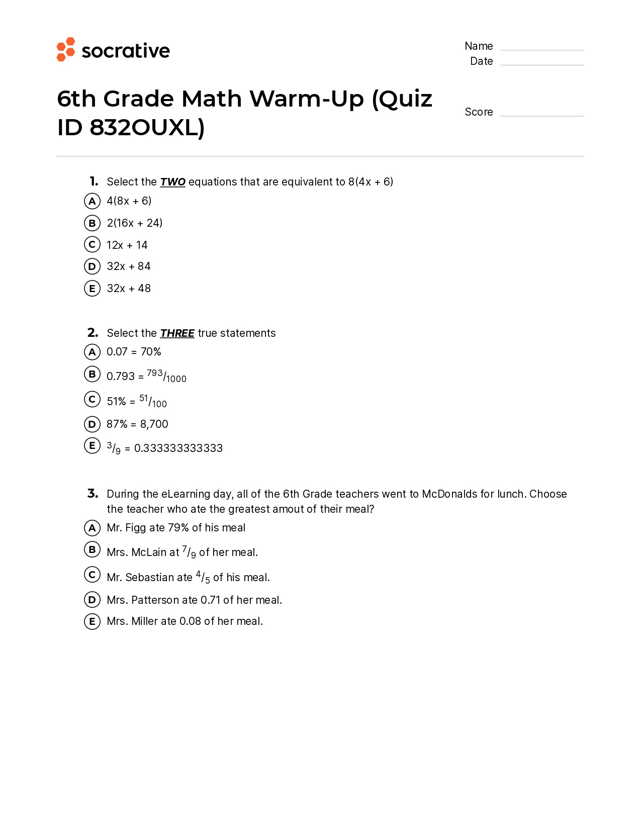 6Th Grade Math Warm-Up