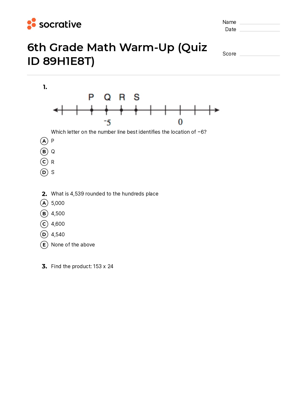 6Th Grade Math Warm-Up