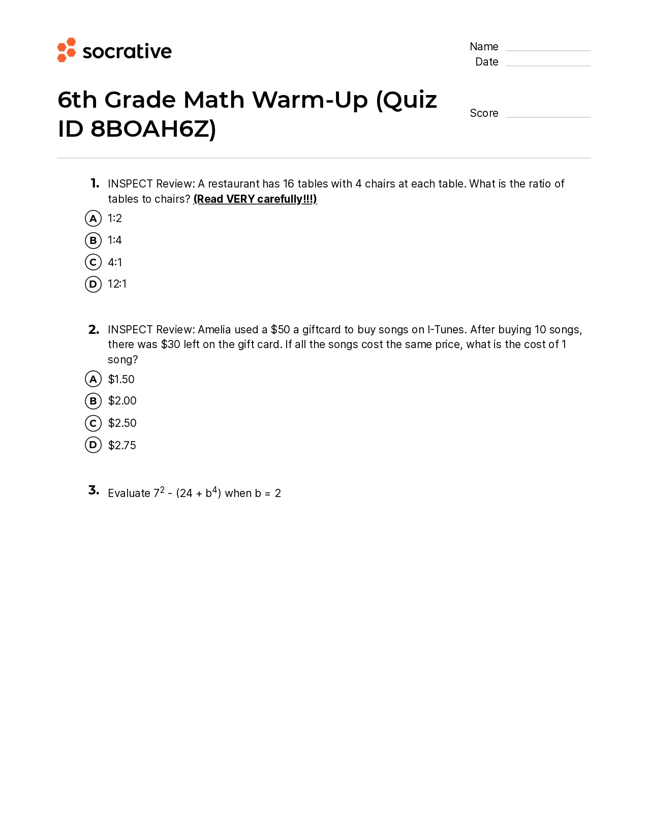 6Th Grade Math Warm-Up