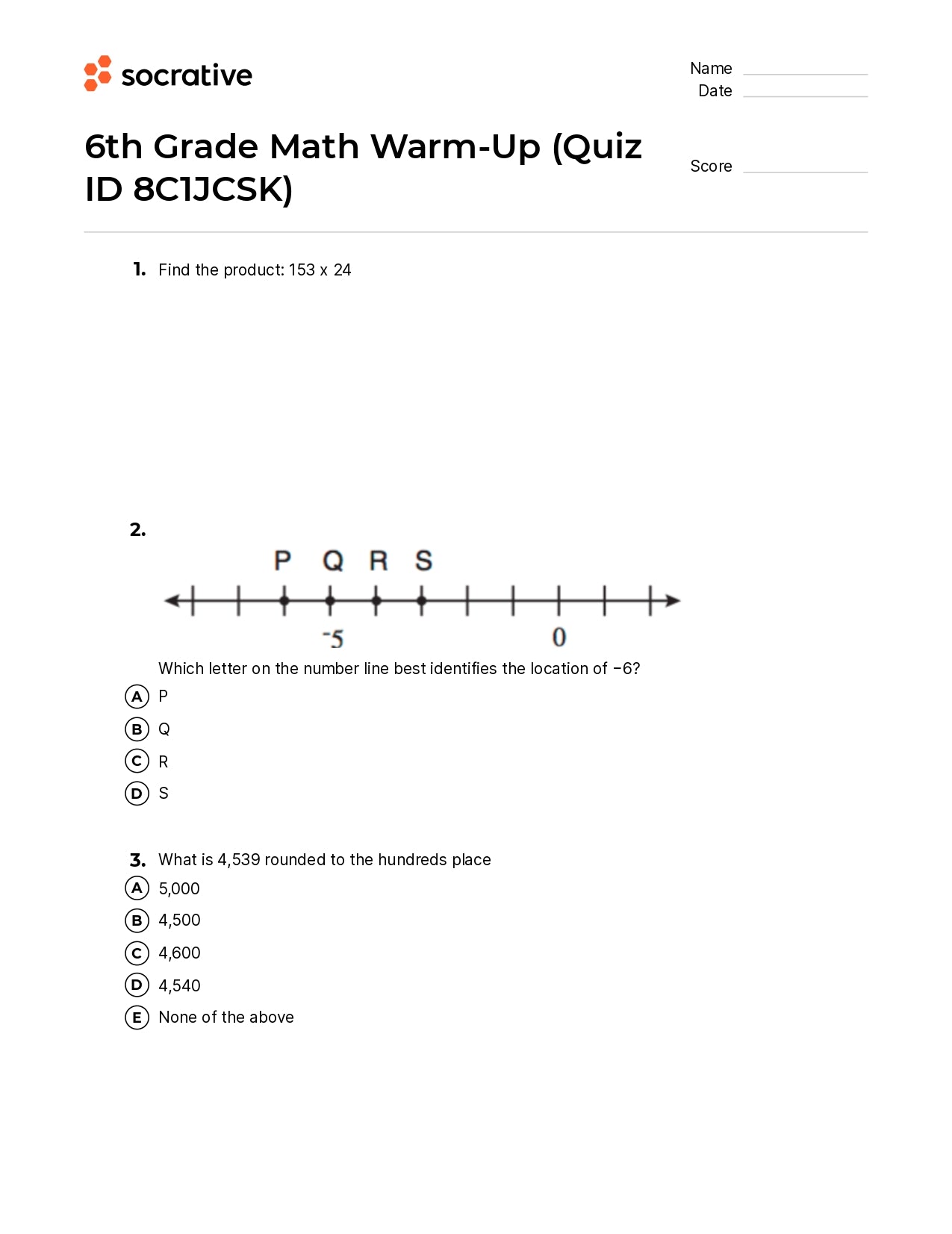 6Th Grade Math Warm-Up