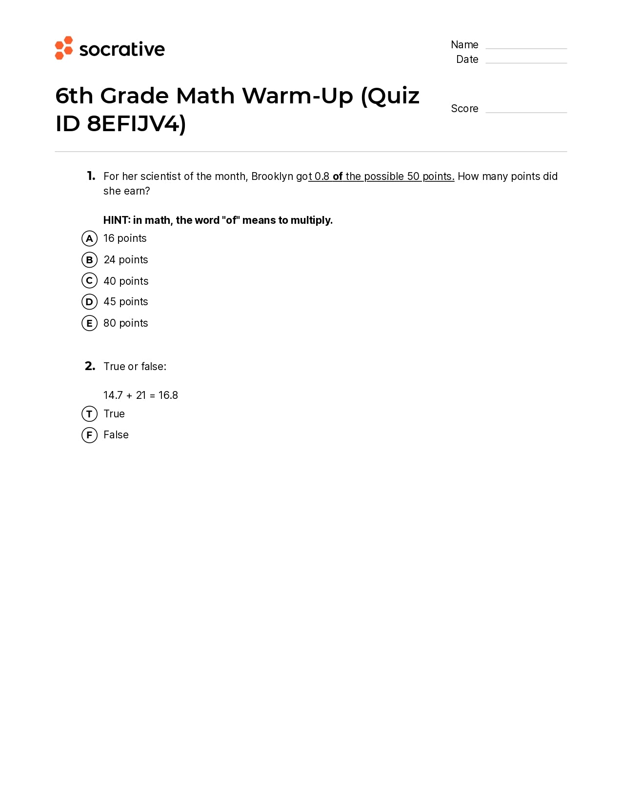 6Th Grade Math Warm-Up