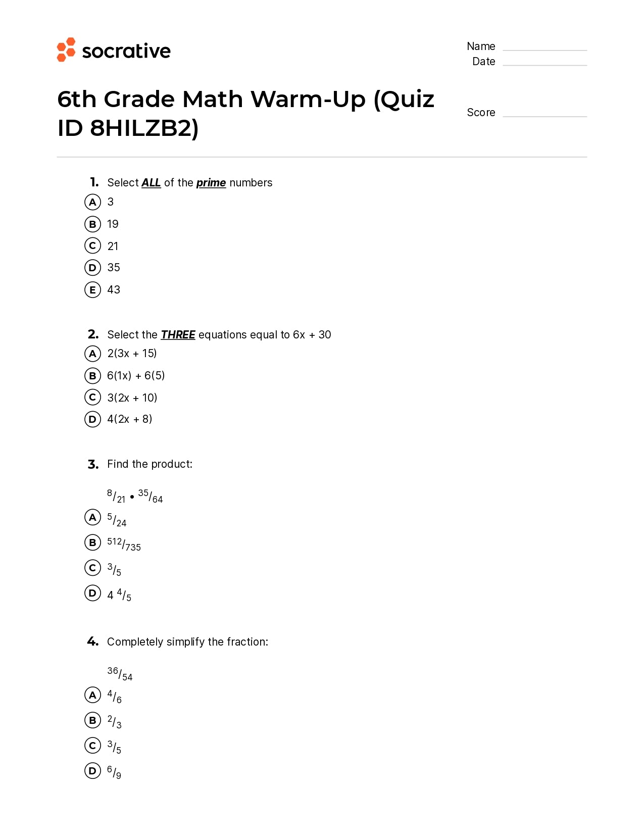 6Th Grade Math Warm-Up