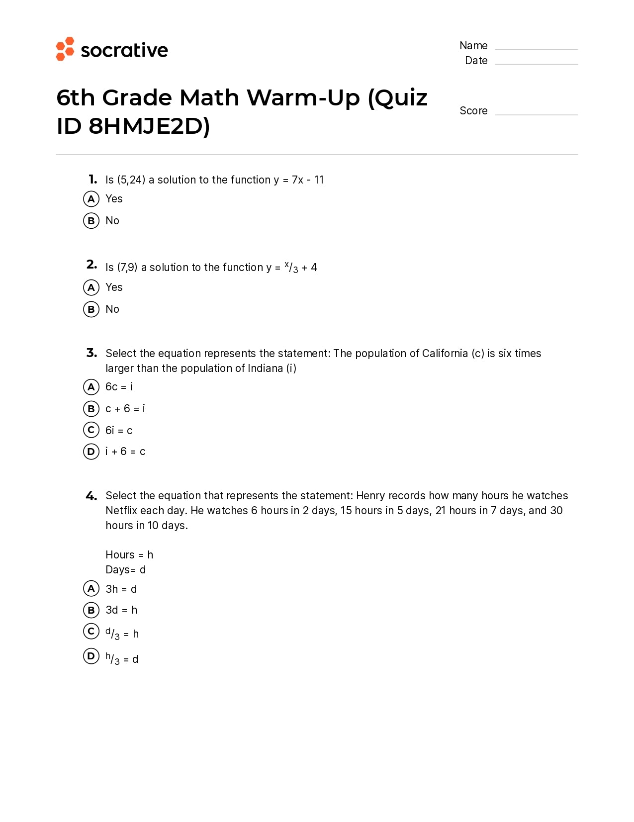 6Th Grade Math Warm-Up