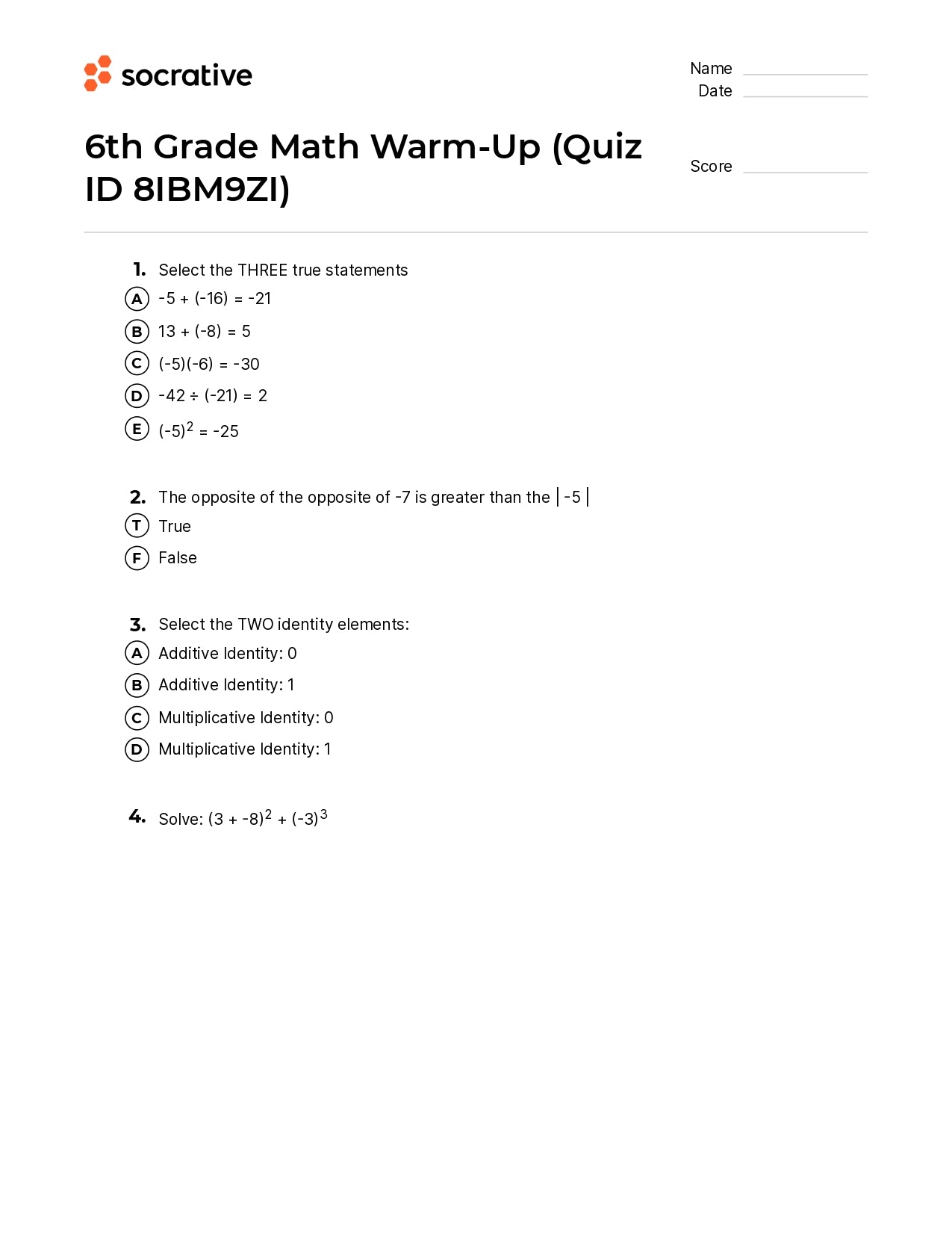 6Th Grade Math Warm-Up