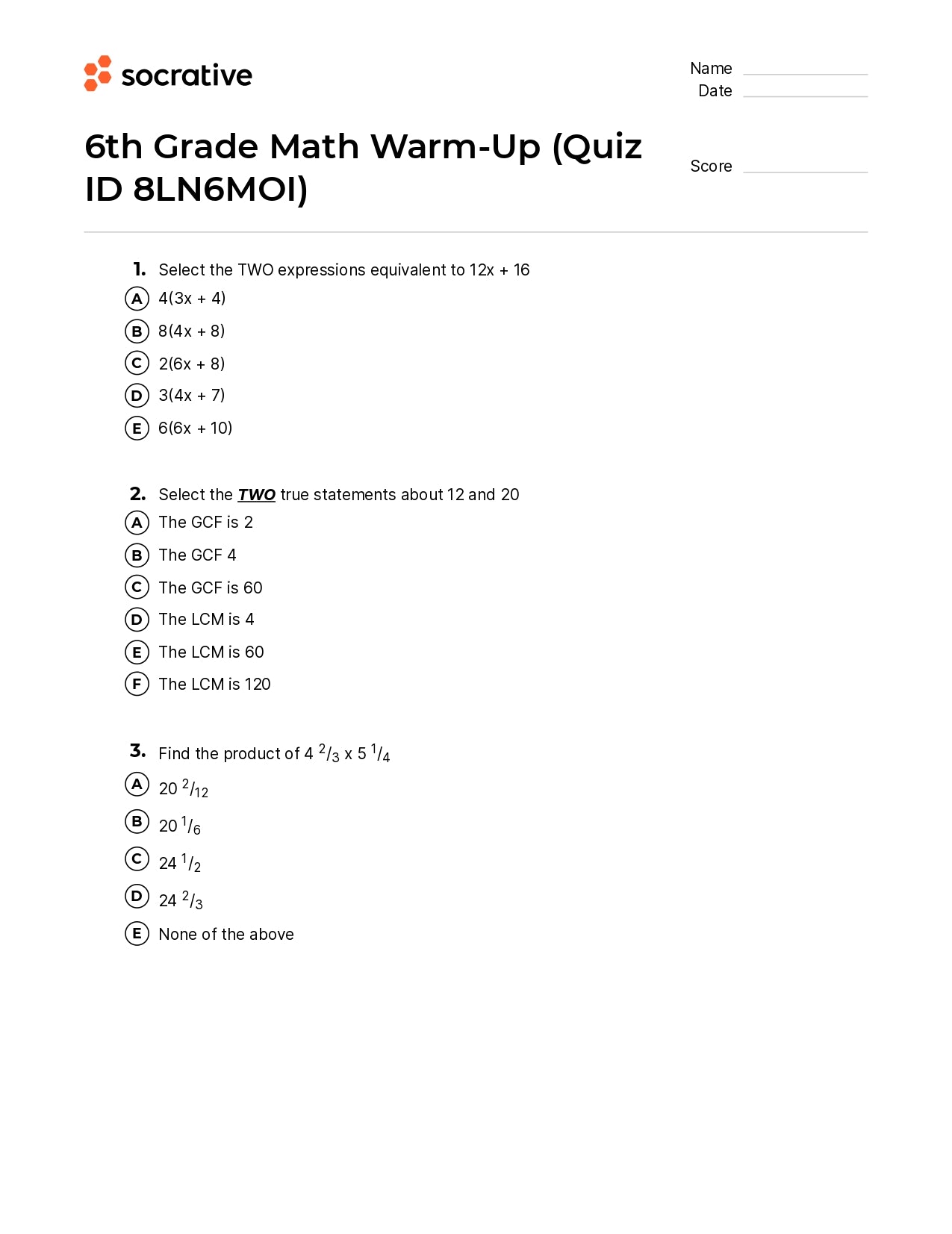 6Th Grade Math Warm-Up