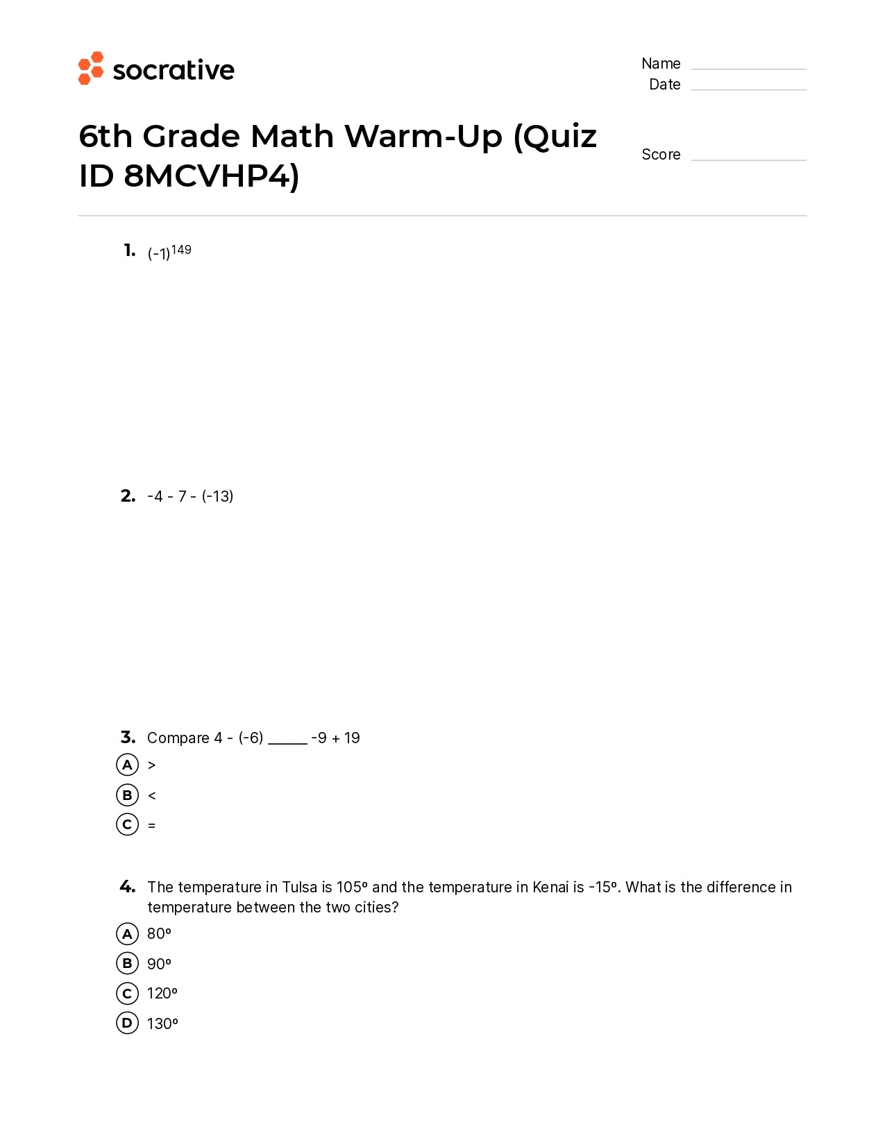 6Th Grade Math Warm-Up