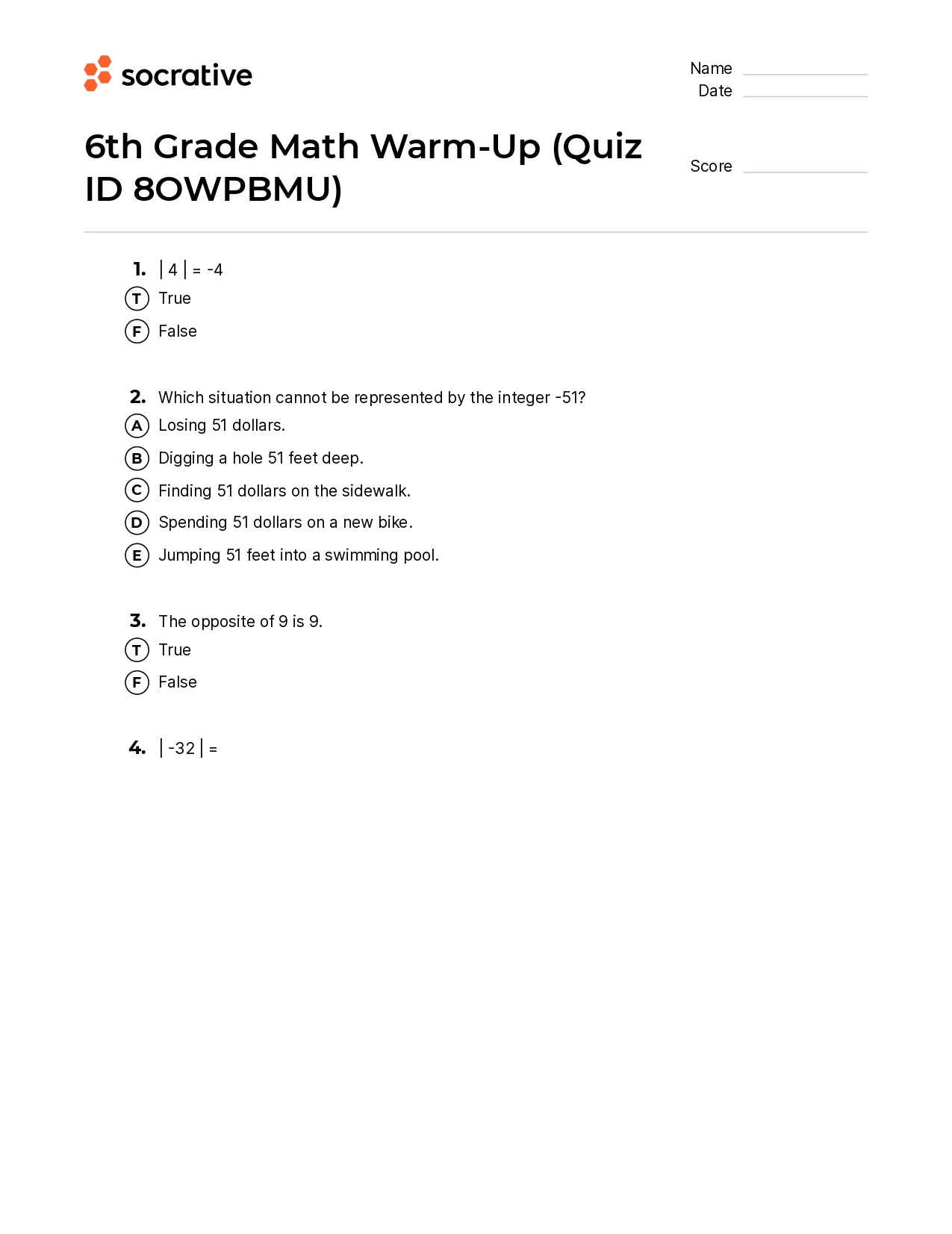 6Th Grade Math Warm-Up