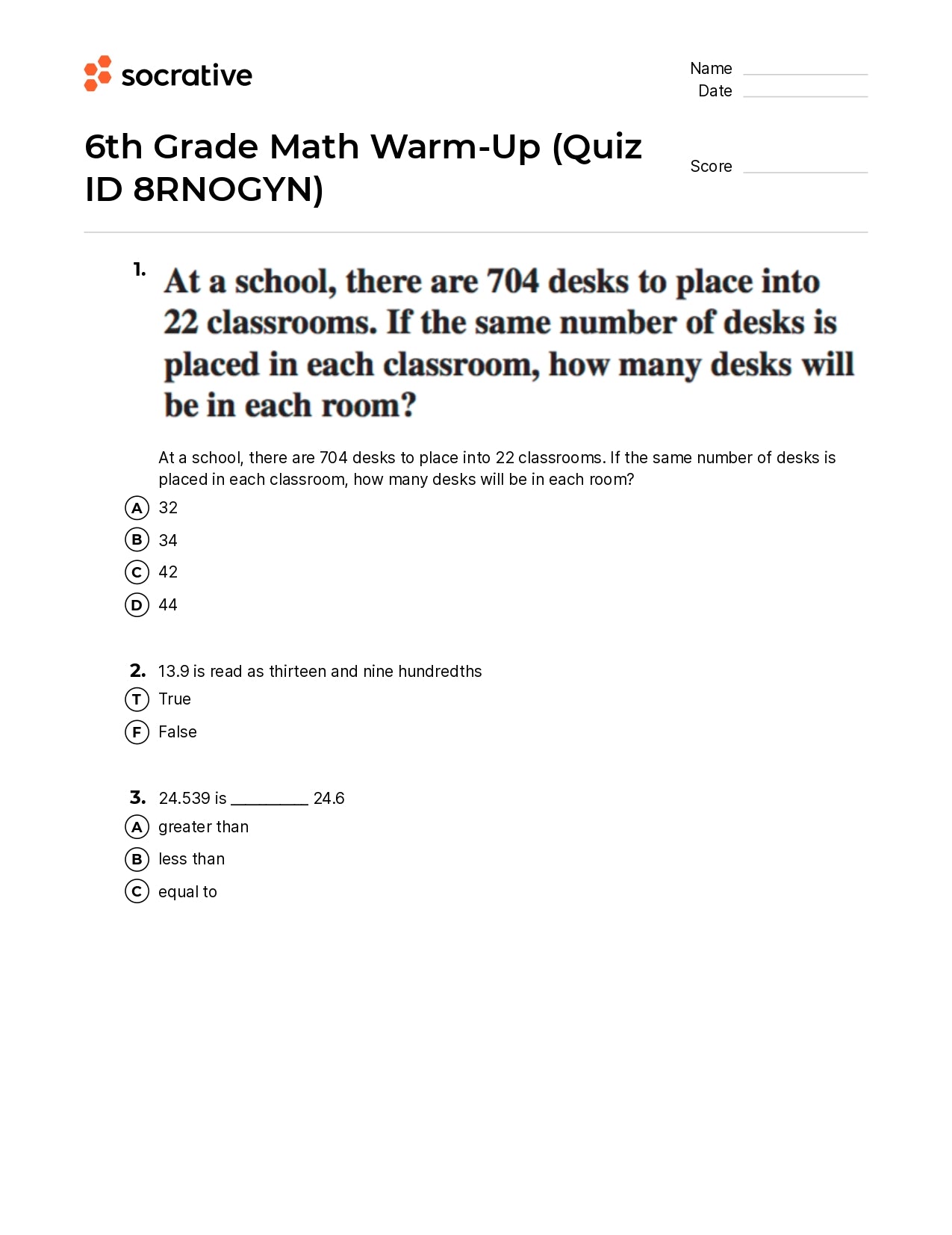 6Th Grade Math Warm-Up