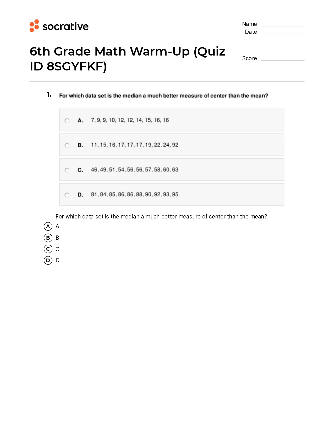 6Th Grade Math Warm-Up
