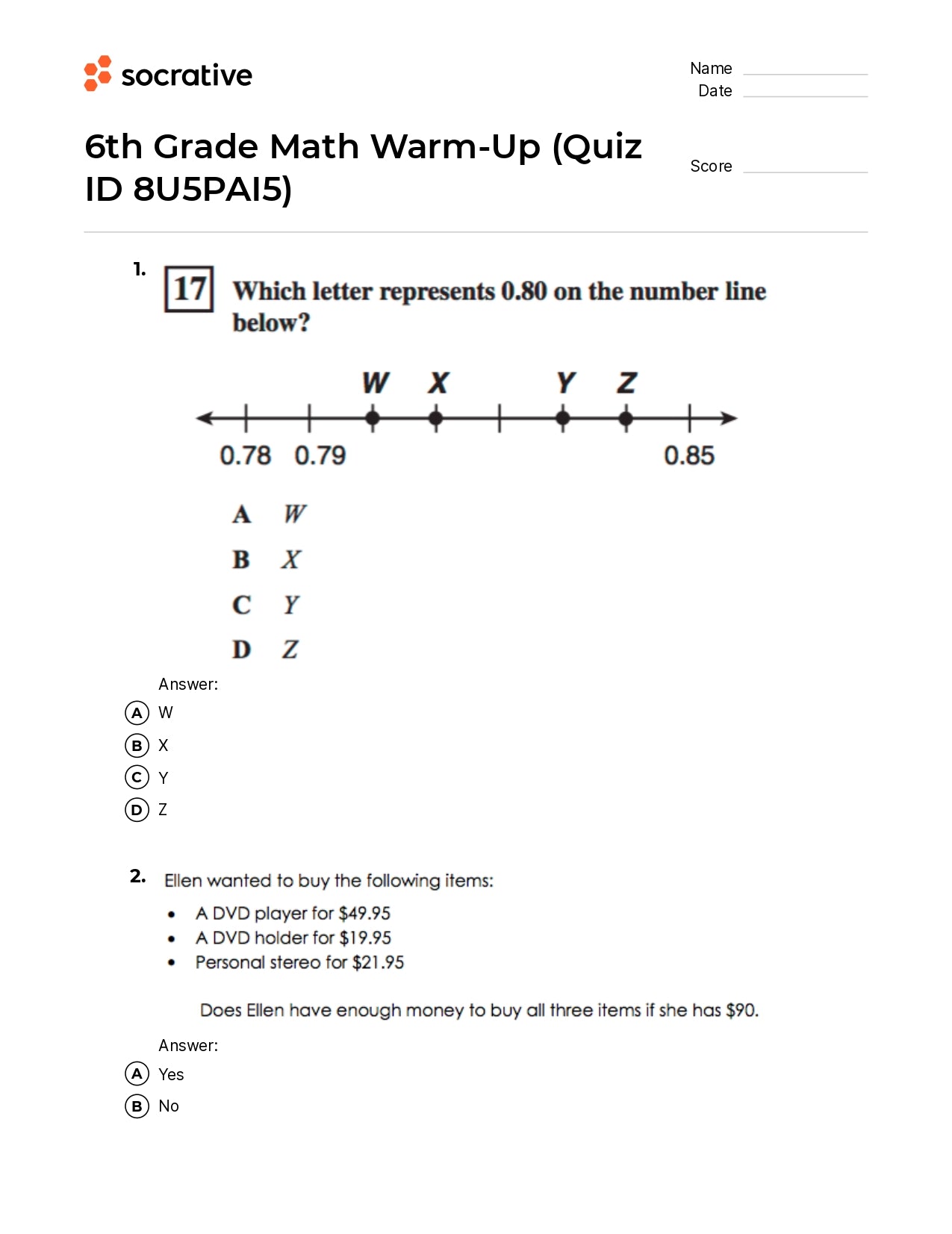 6Th Grade Math Warm-Up