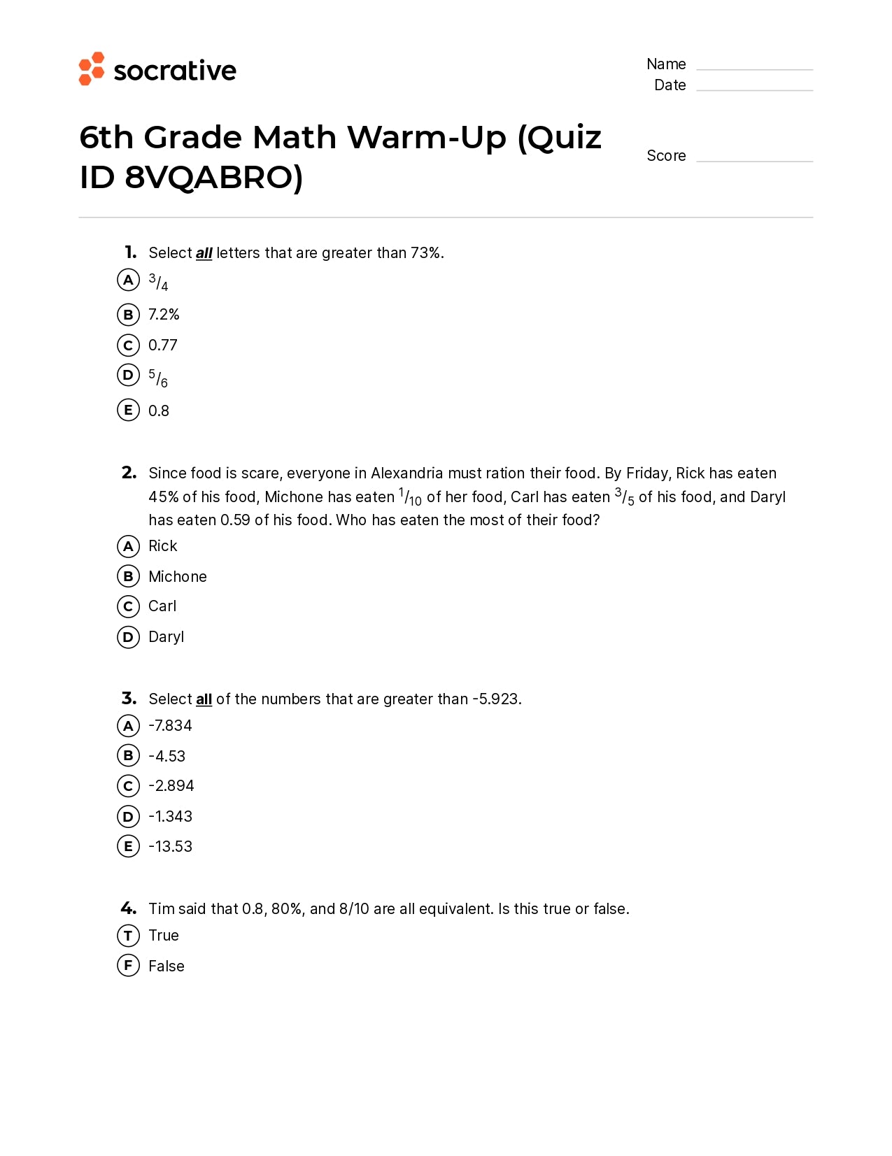 6Th Grade Math Warm-Up