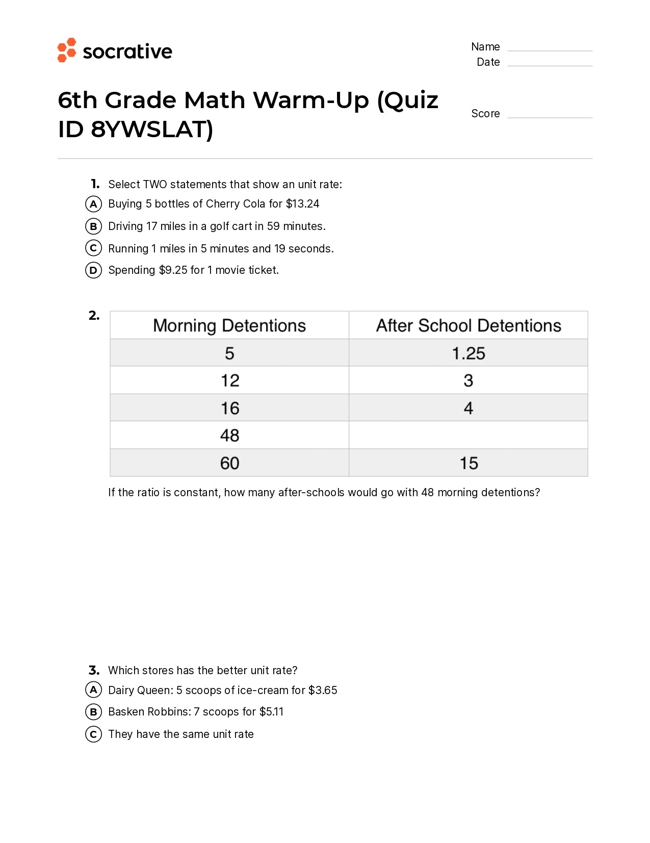 6Th Grade Math Warm-Up