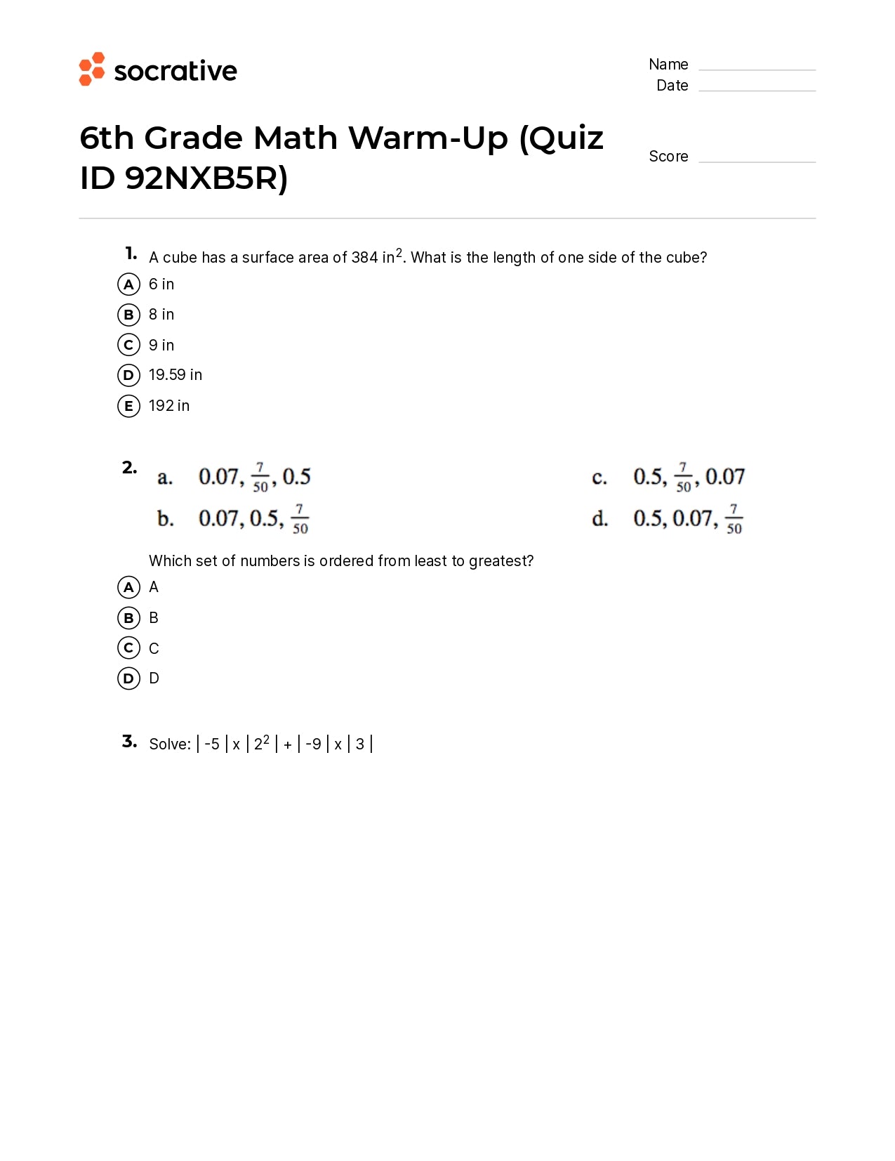 6Th Grade Math Warm-Up