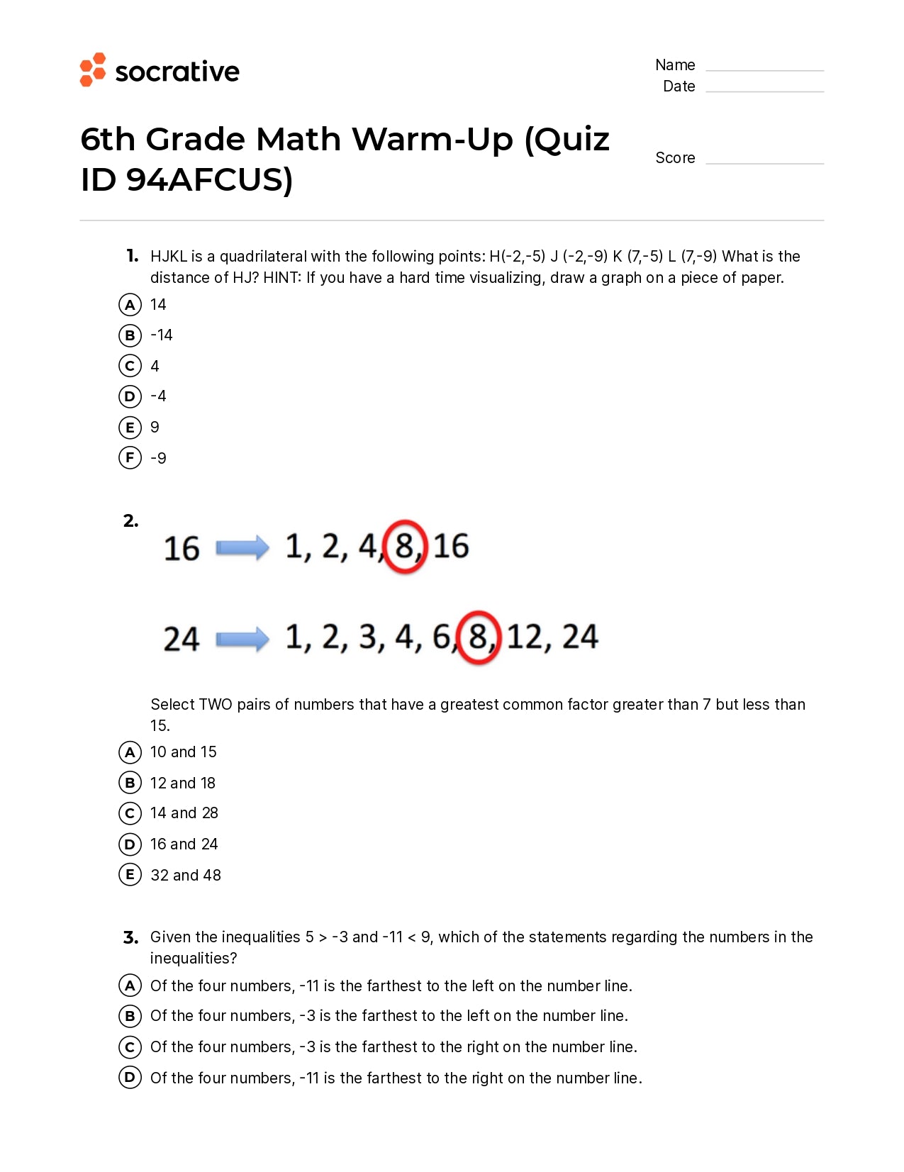 6Th Grade Math Warm-Up