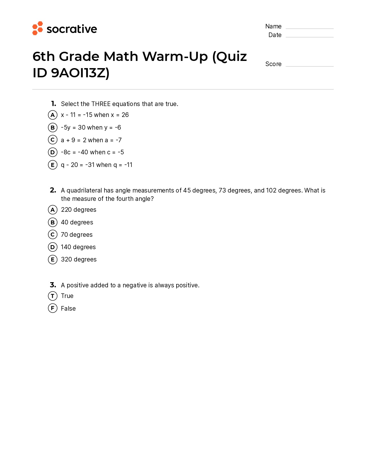 6Th Grade Math Warm-Up