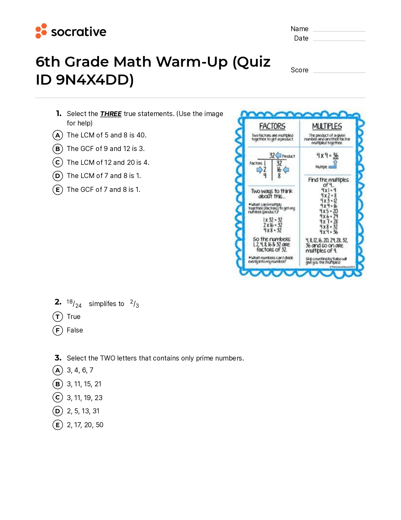 6Th Grade Math Warm-Up