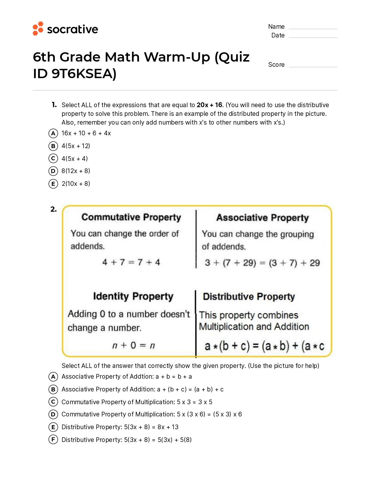 6Th Grade Math Warm-Up