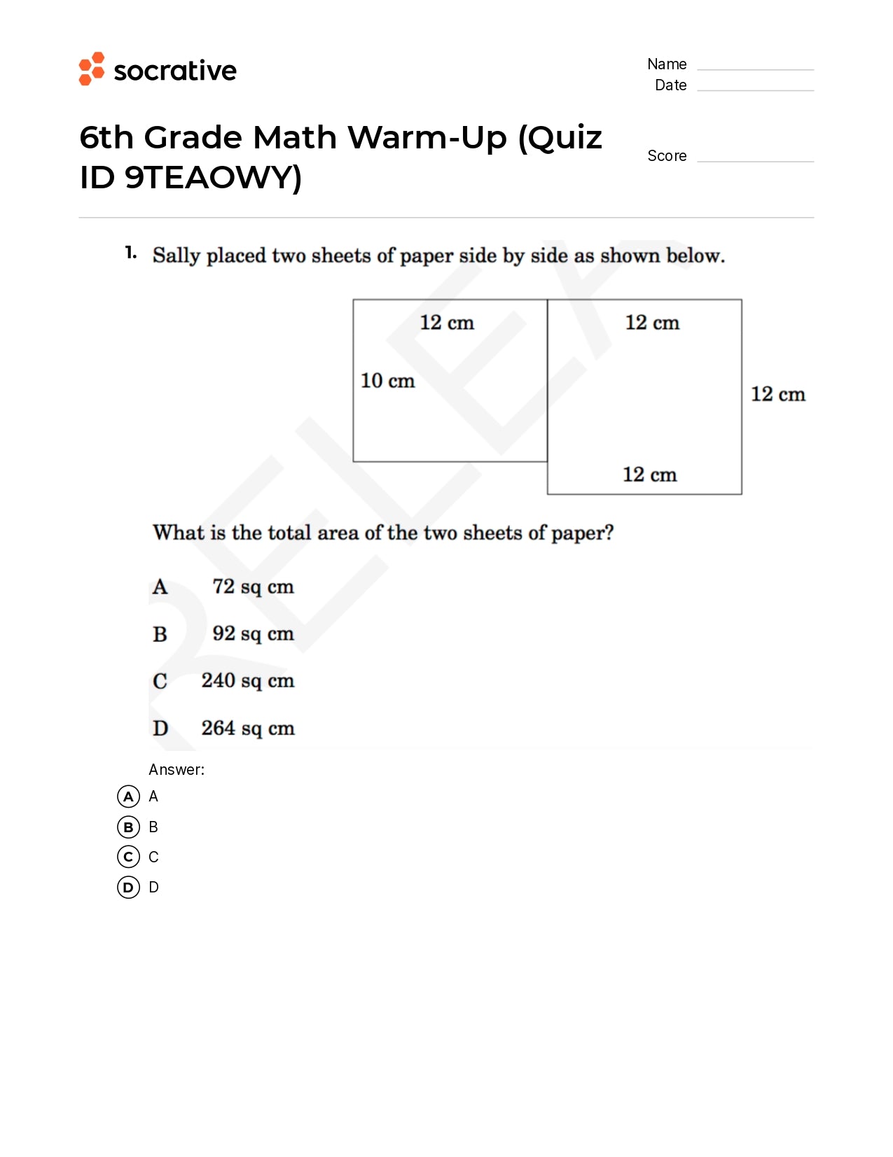 6Th Grade Math Warm-Up