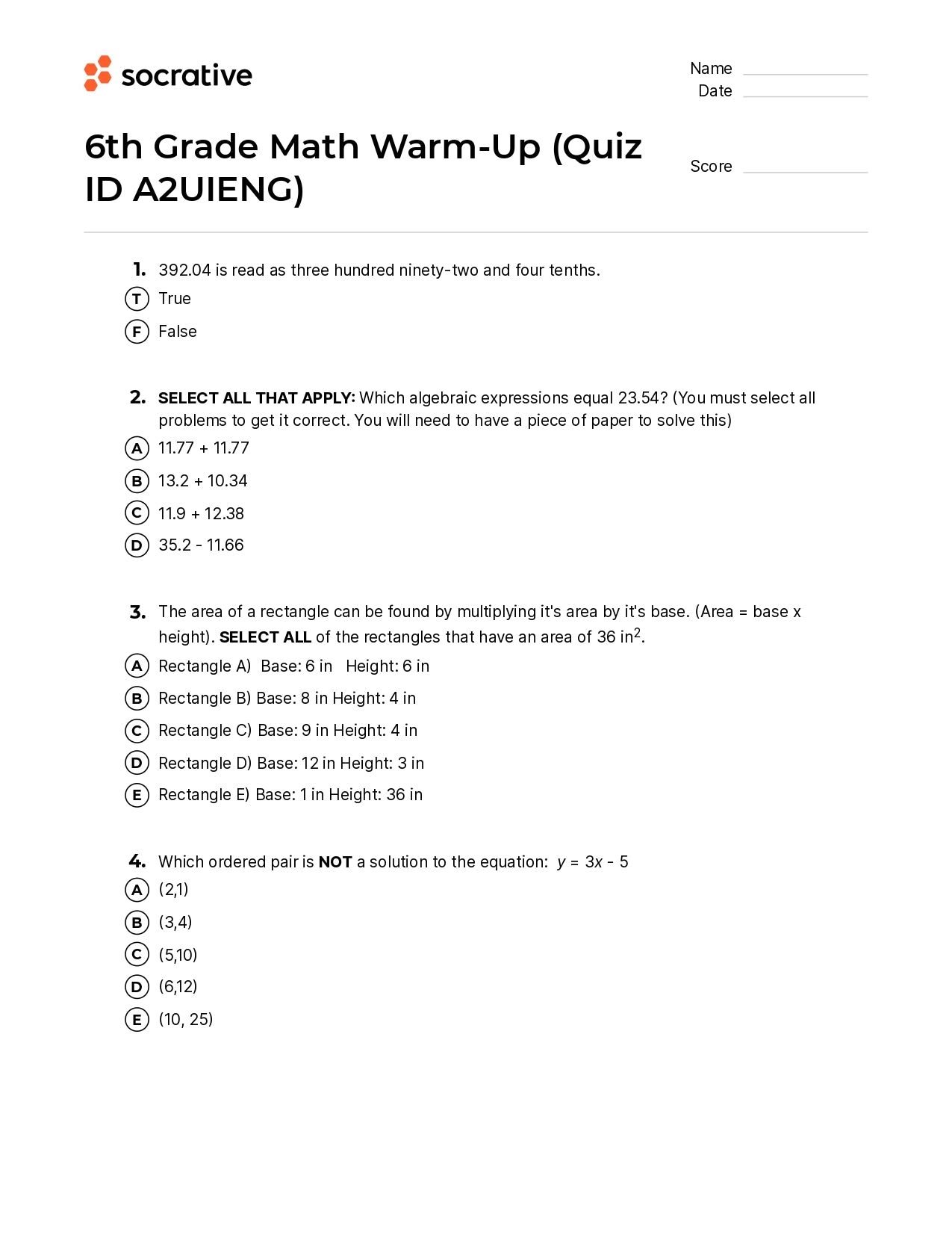 6Th Grade Math Warm-Up