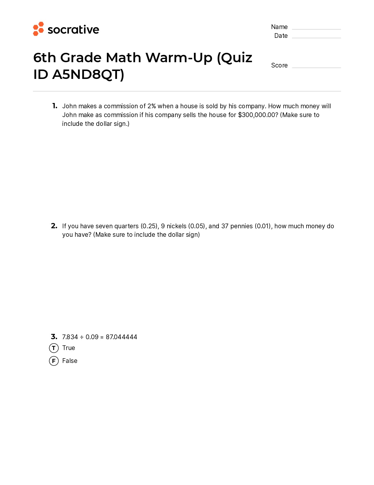 6Th Grade Math Warm-Up
