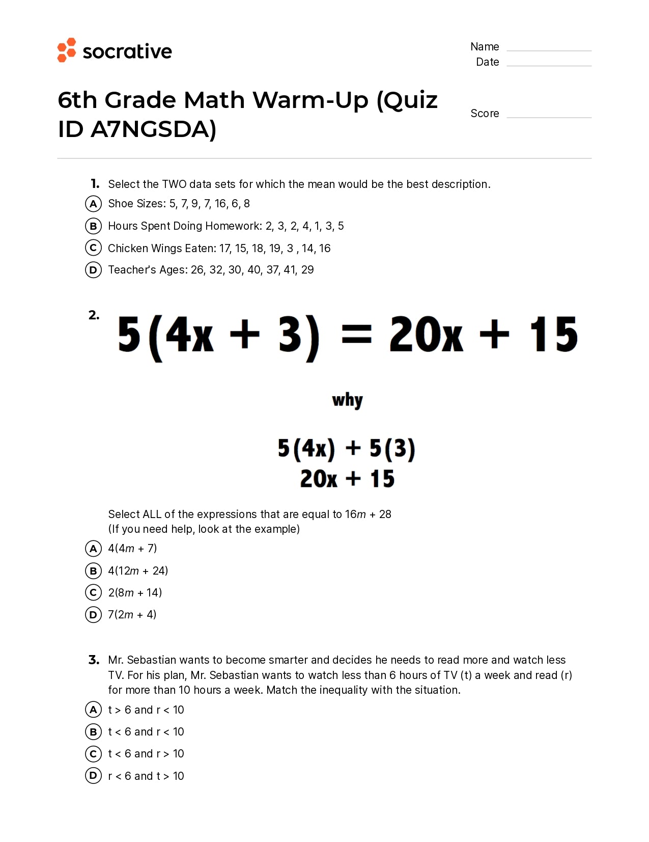 6Th Grade Math Warm-Up