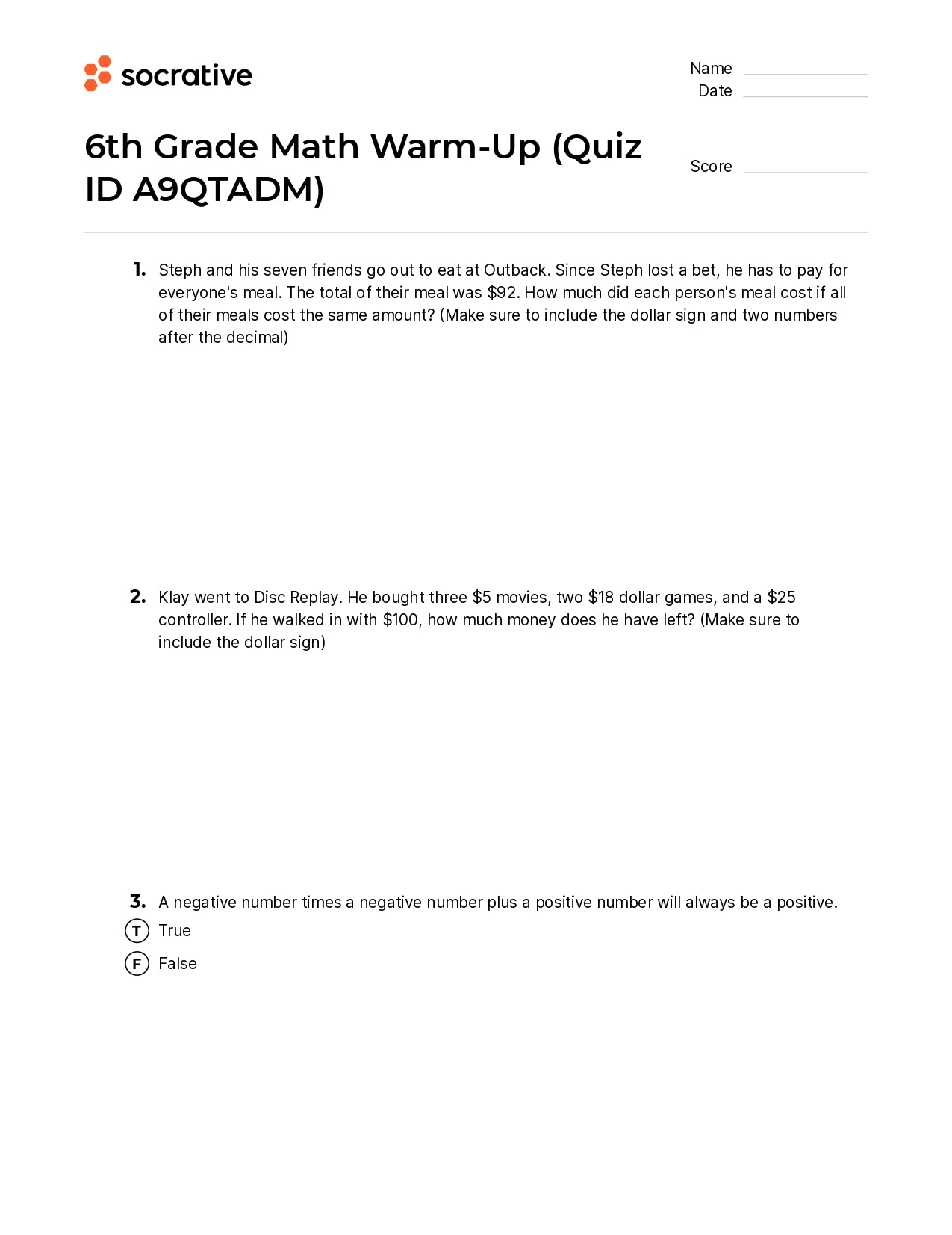 6Th Grade Math Warm-Up