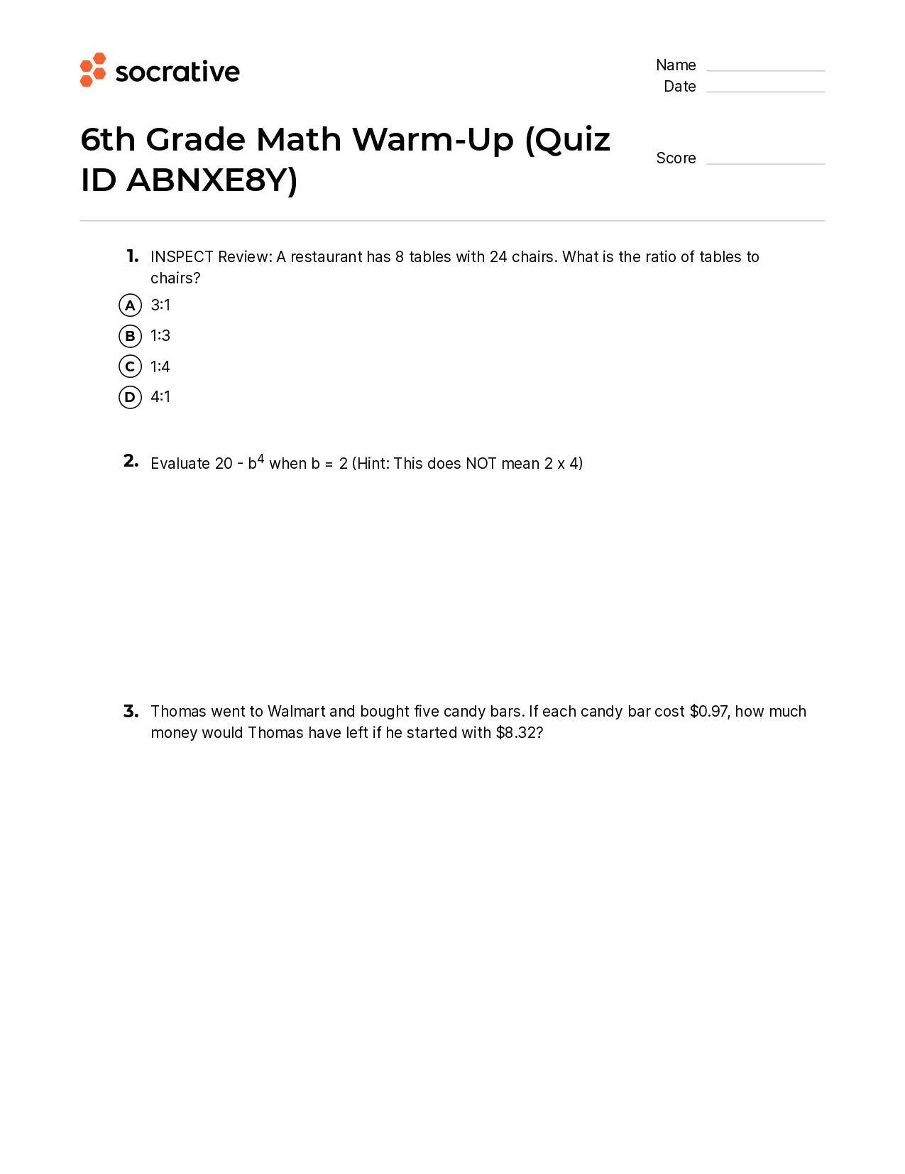 6Th Grade Math Warm-Up