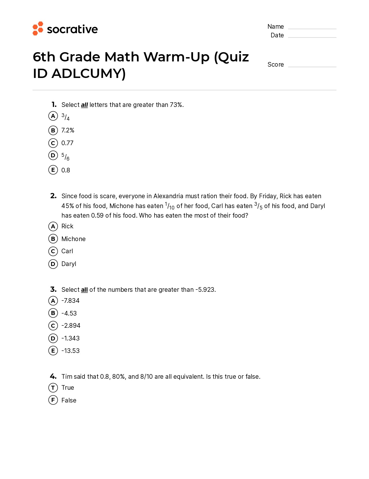 6Th Grade Math Warm-Up