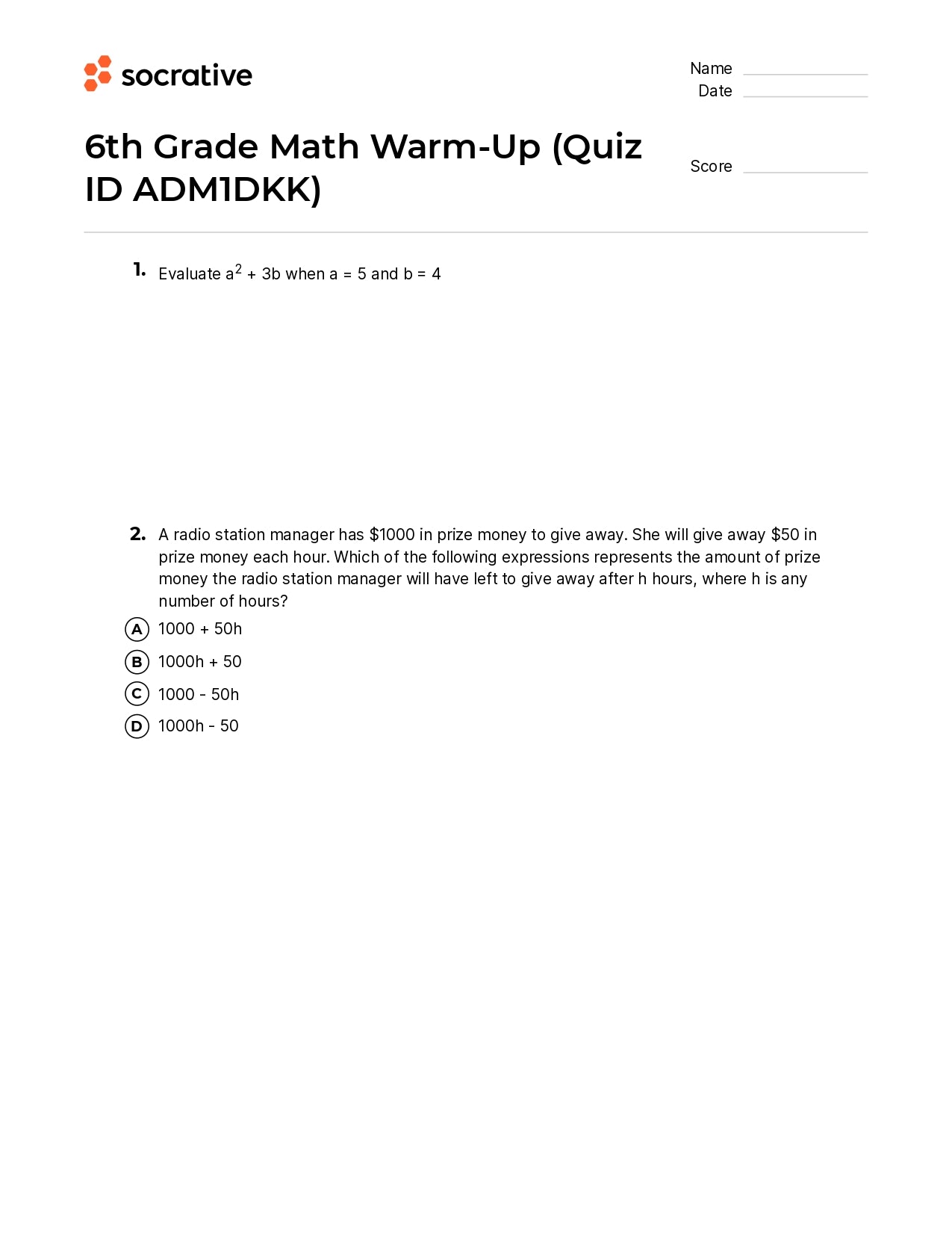6Th Grade Math Warm-Up