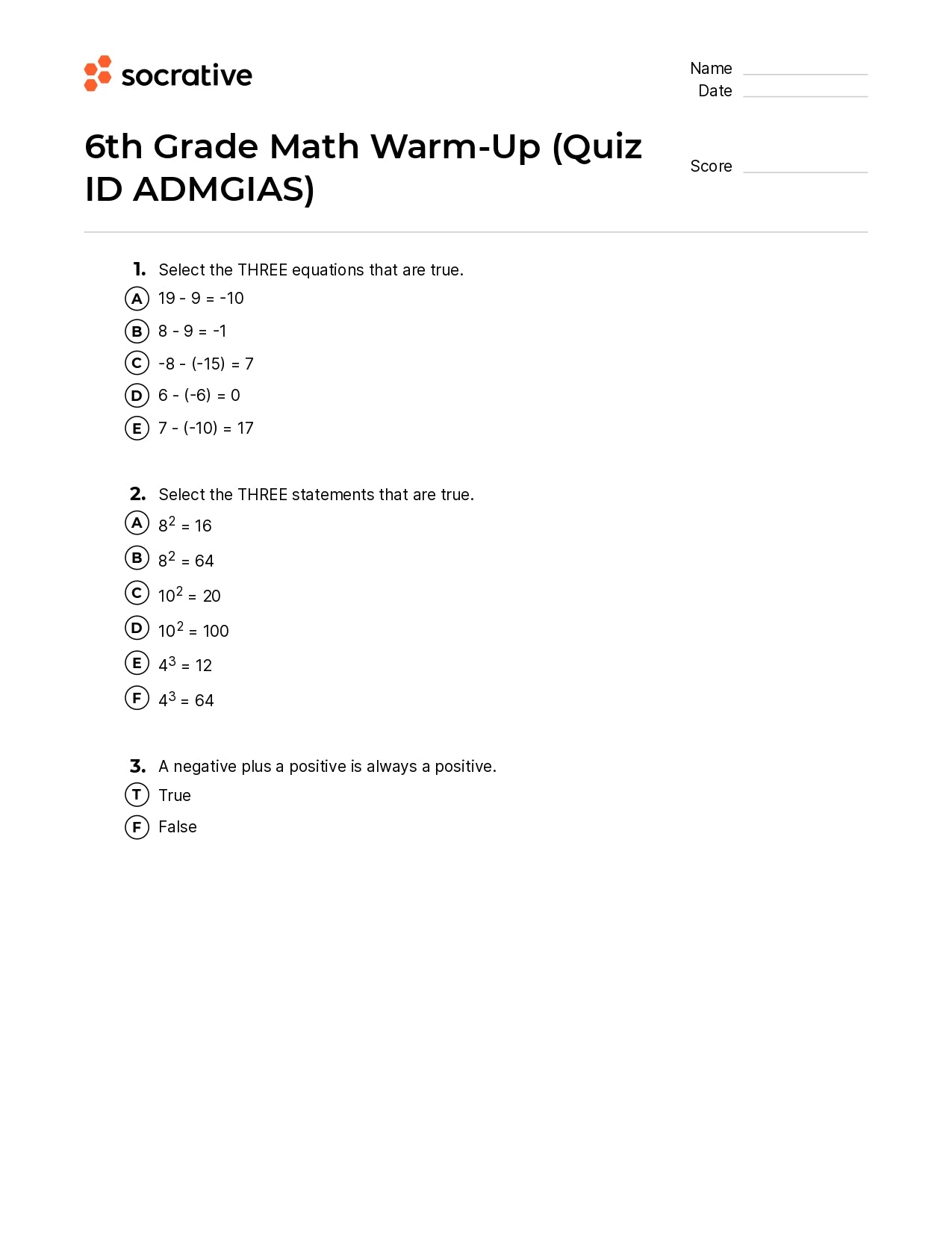 6Th Grade Math Warm-Up