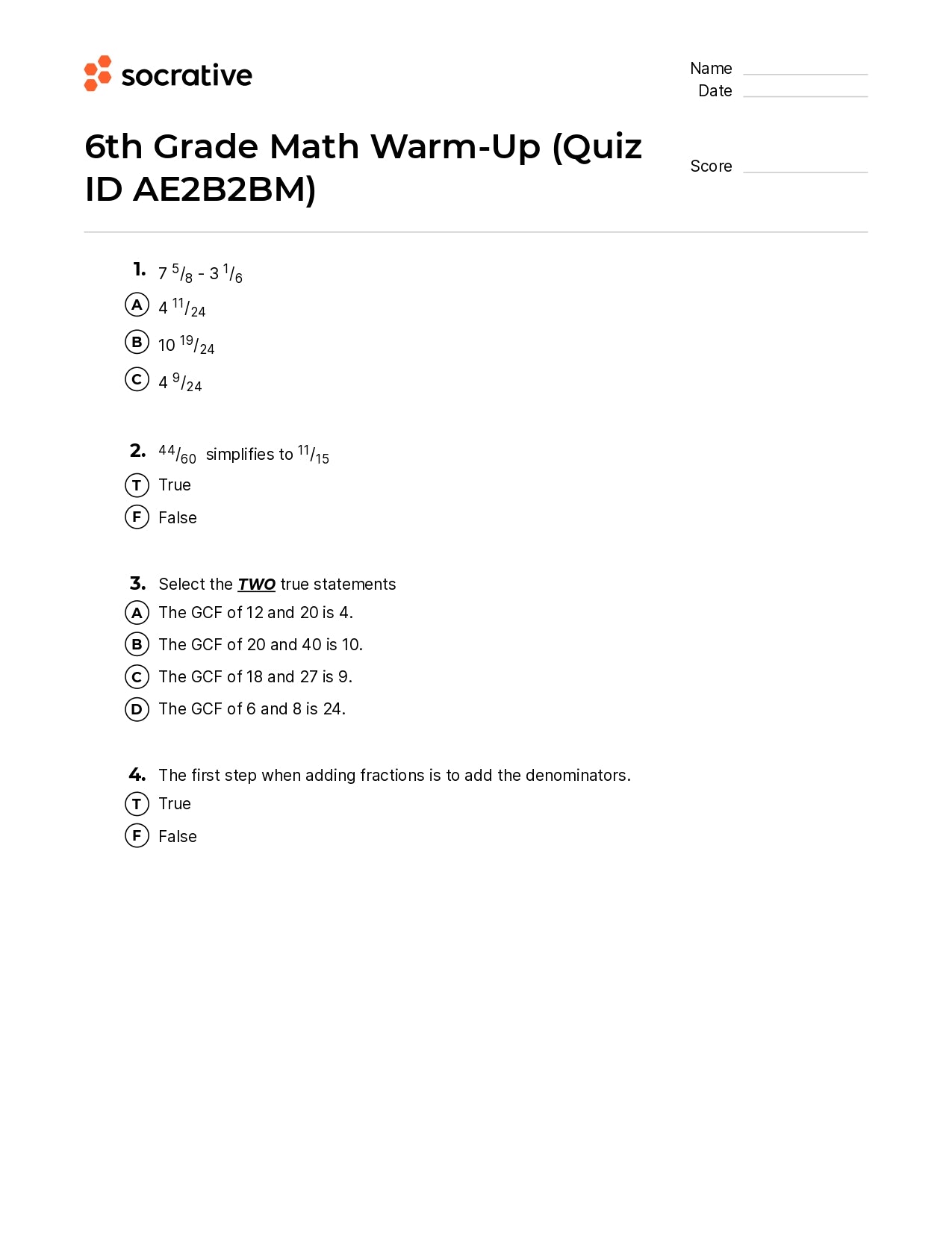 6Th Grade Math Warm-Up