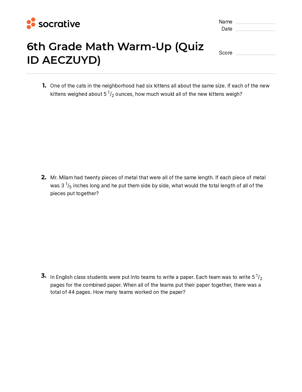 6Th Grade Math Warm-Up