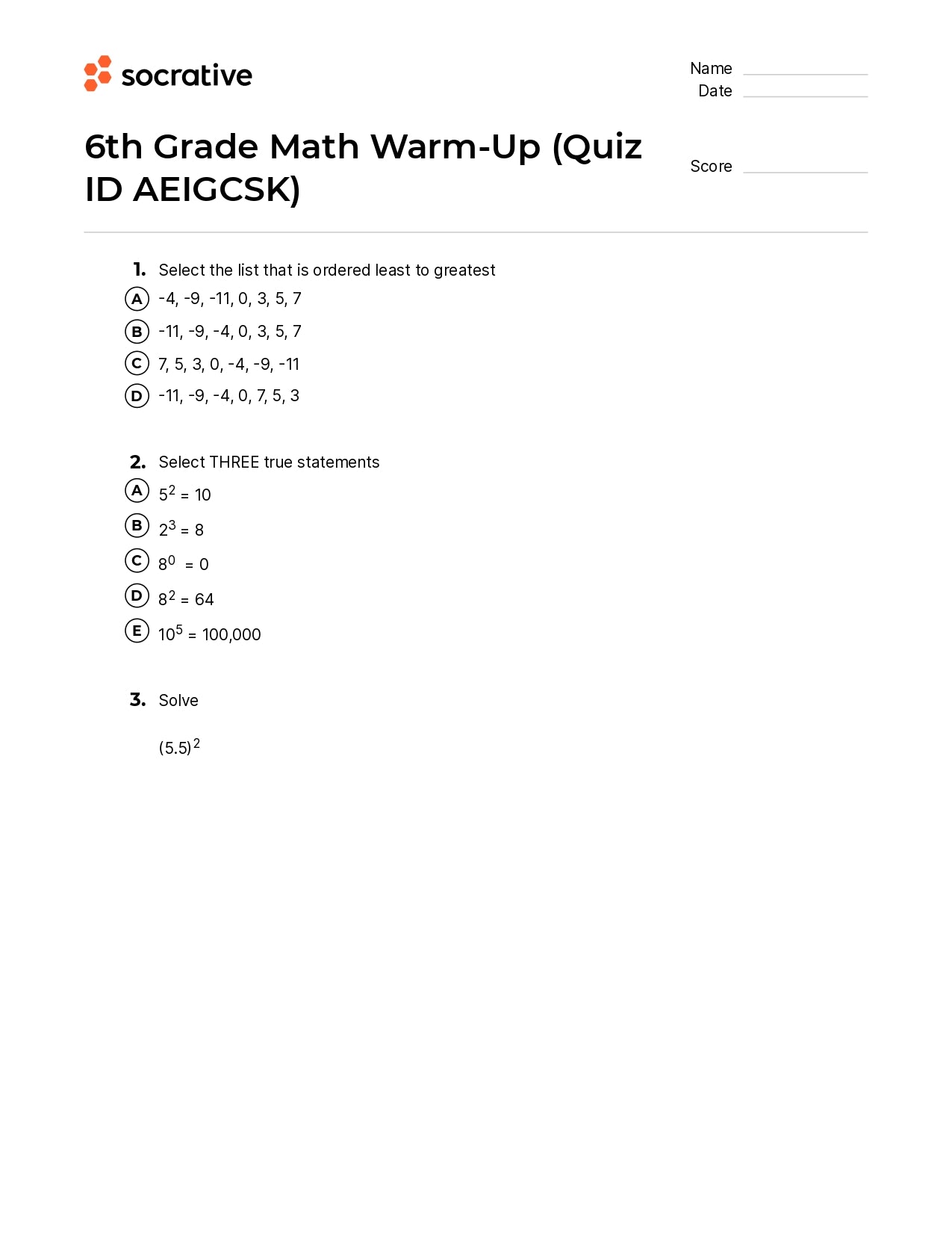 6Th Grade Math Warm-Up