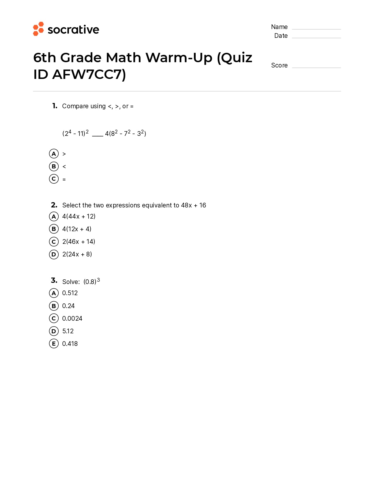 6Th Grade Math Warm-Up