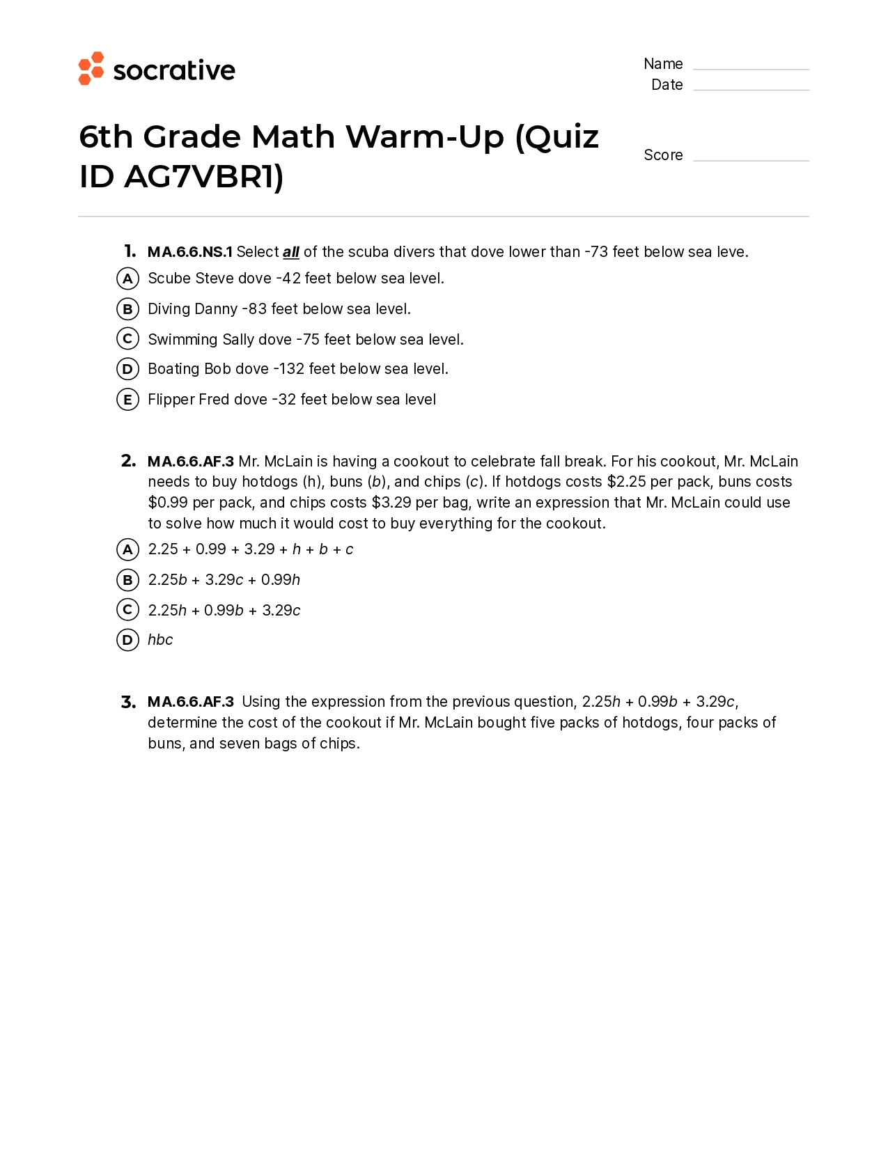 6Th Grade Math Warm-Up