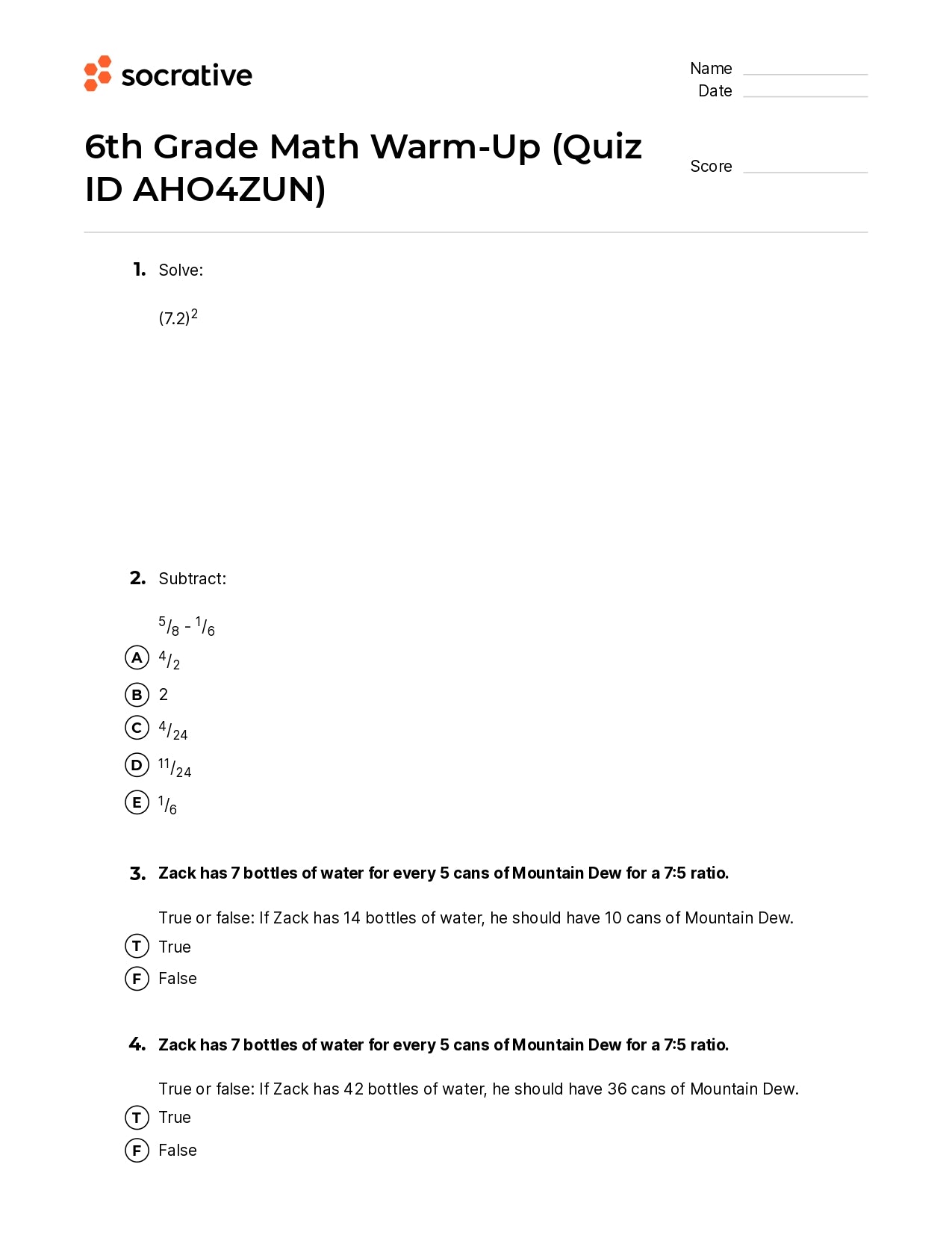 6Th Grade Math Warm-Up