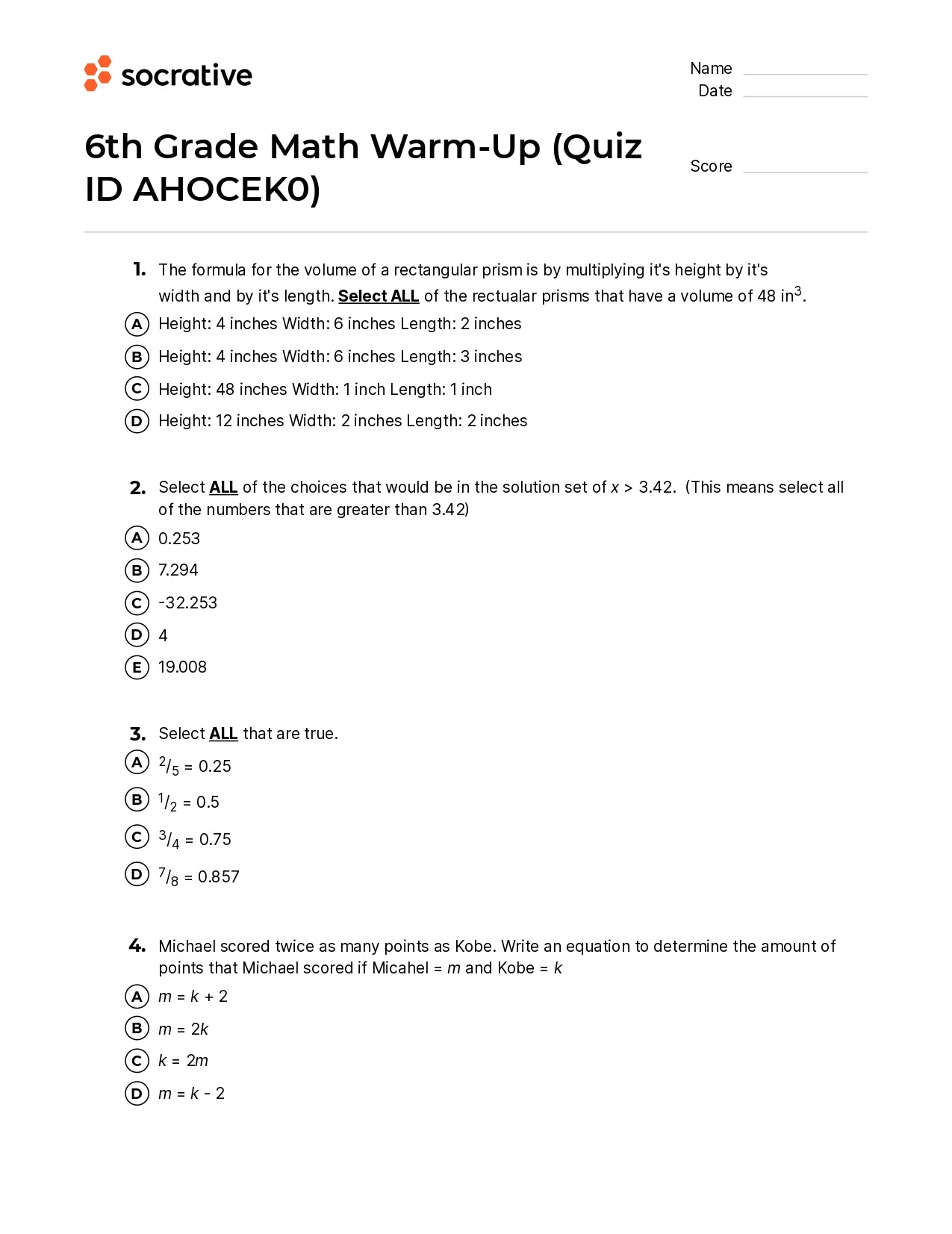 6Th Grade Math Warm-Up