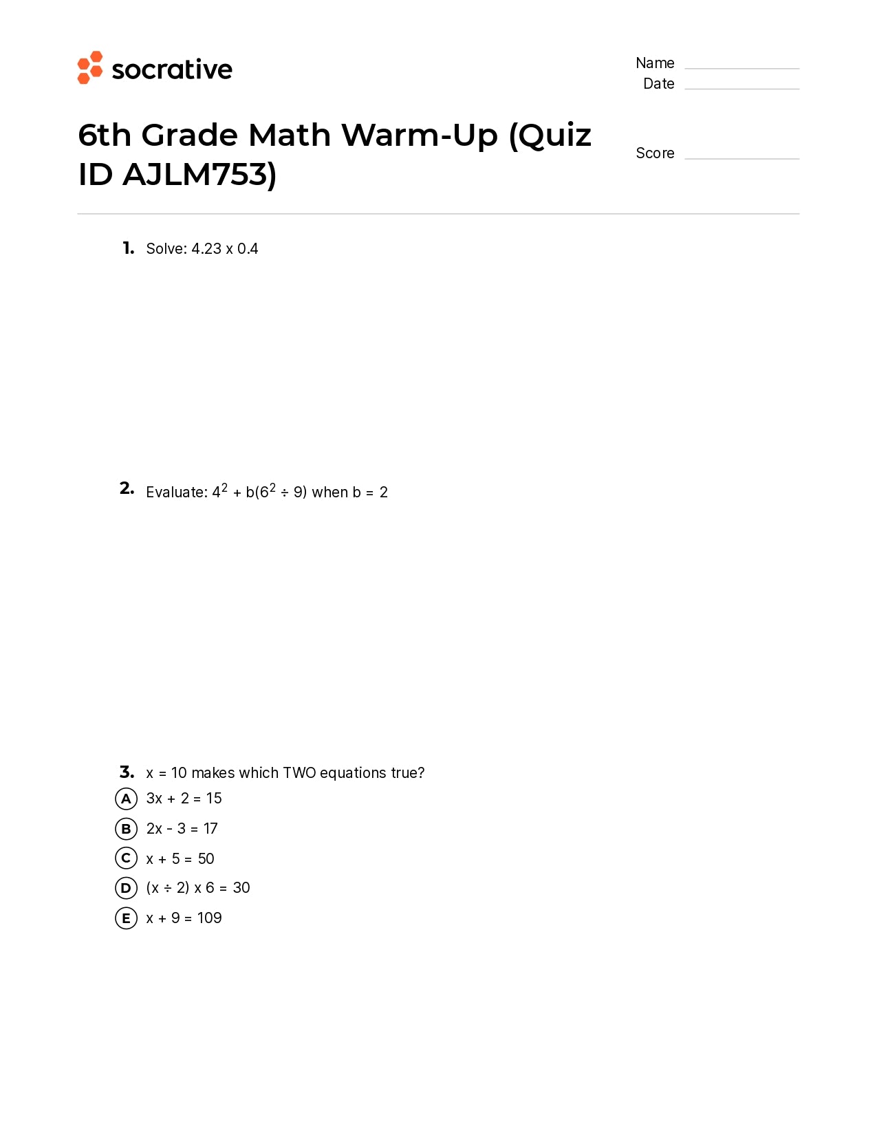 6Th Grade Math Warm-Up