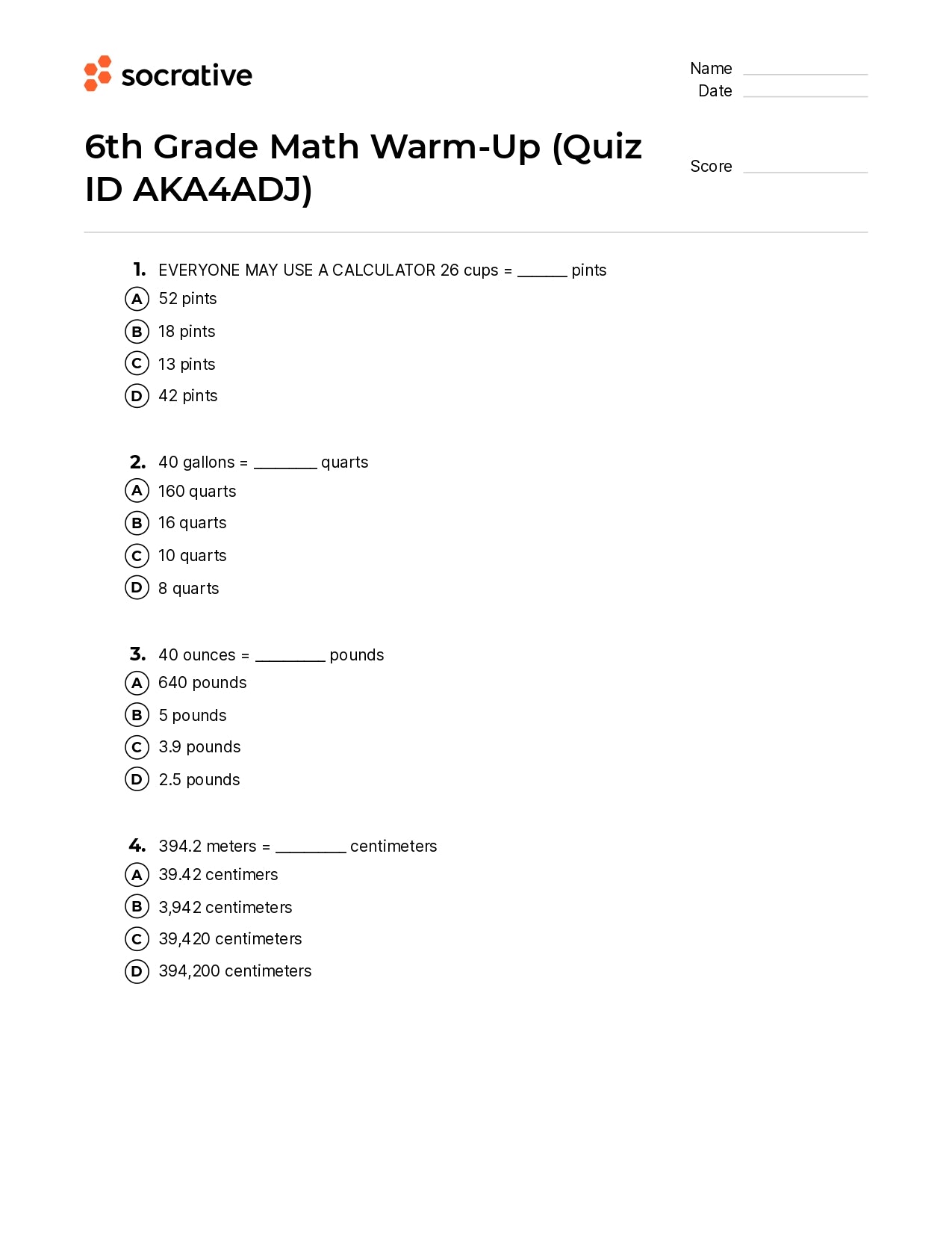 6Th Grade Math Warm-Up